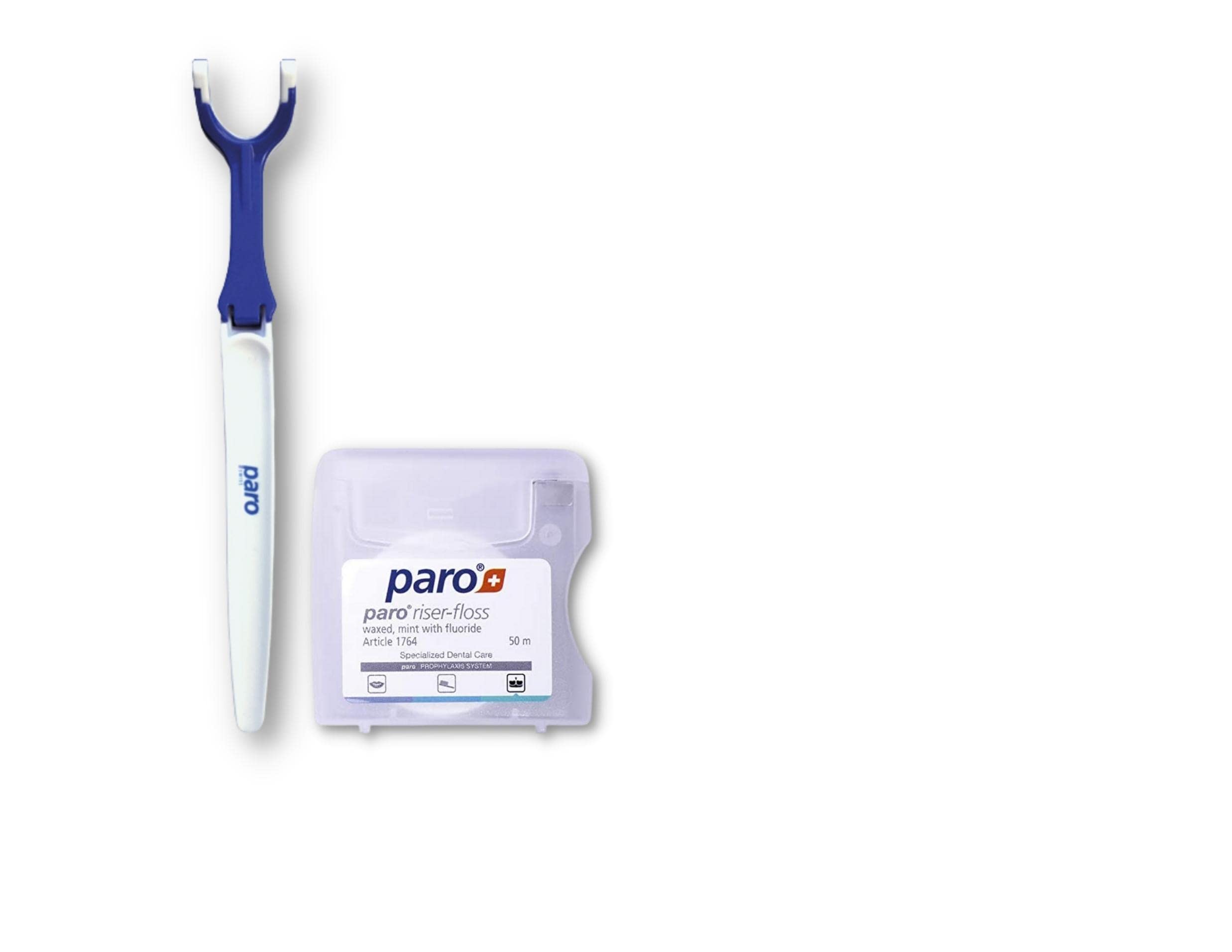 Paro Floss Holder & Mint Waxed Fluoridated Dental Floss 50M - Essential Oral Care for Braces, Bridges & Tight Teeth Gaps