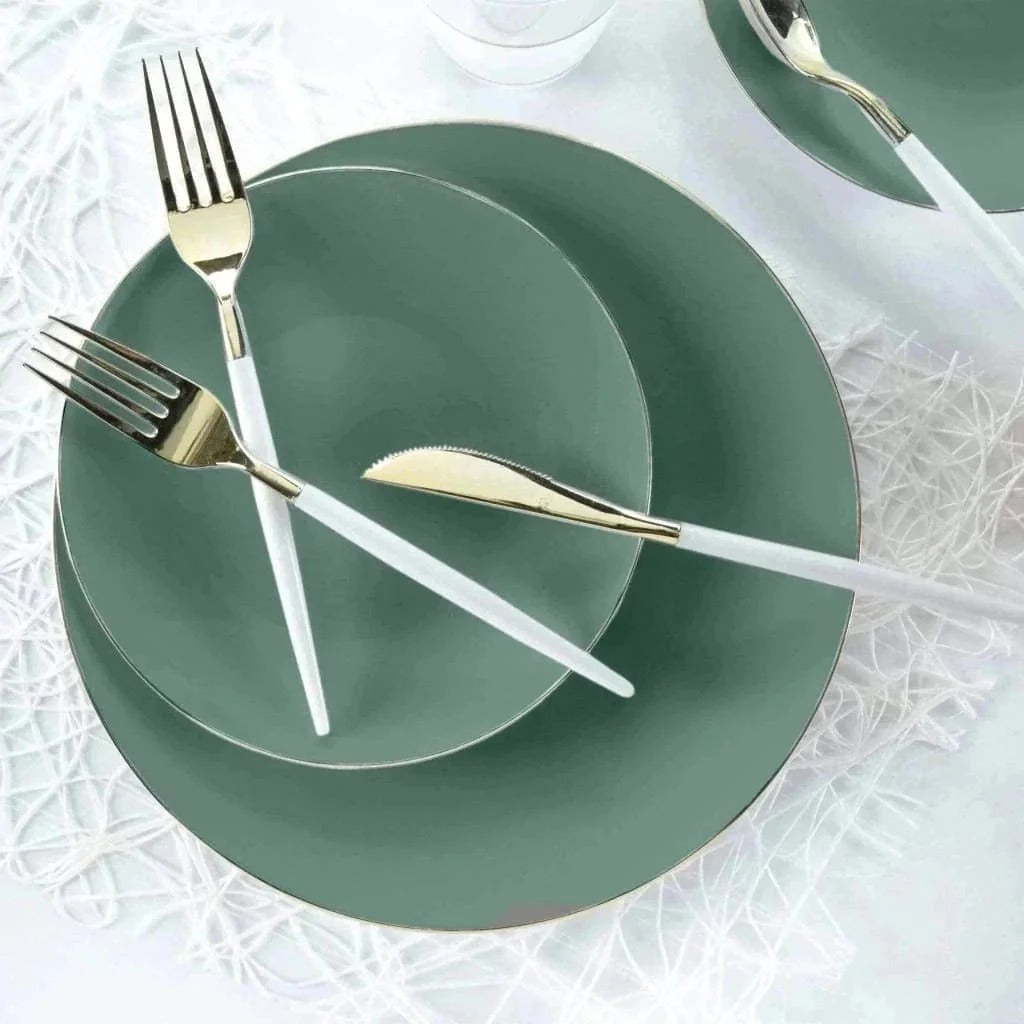 Eco-Friendly Sage Green & Gold Rim Round Plastic Plates | Organic Disposable Dinnerware for Parties, Picnics & Events