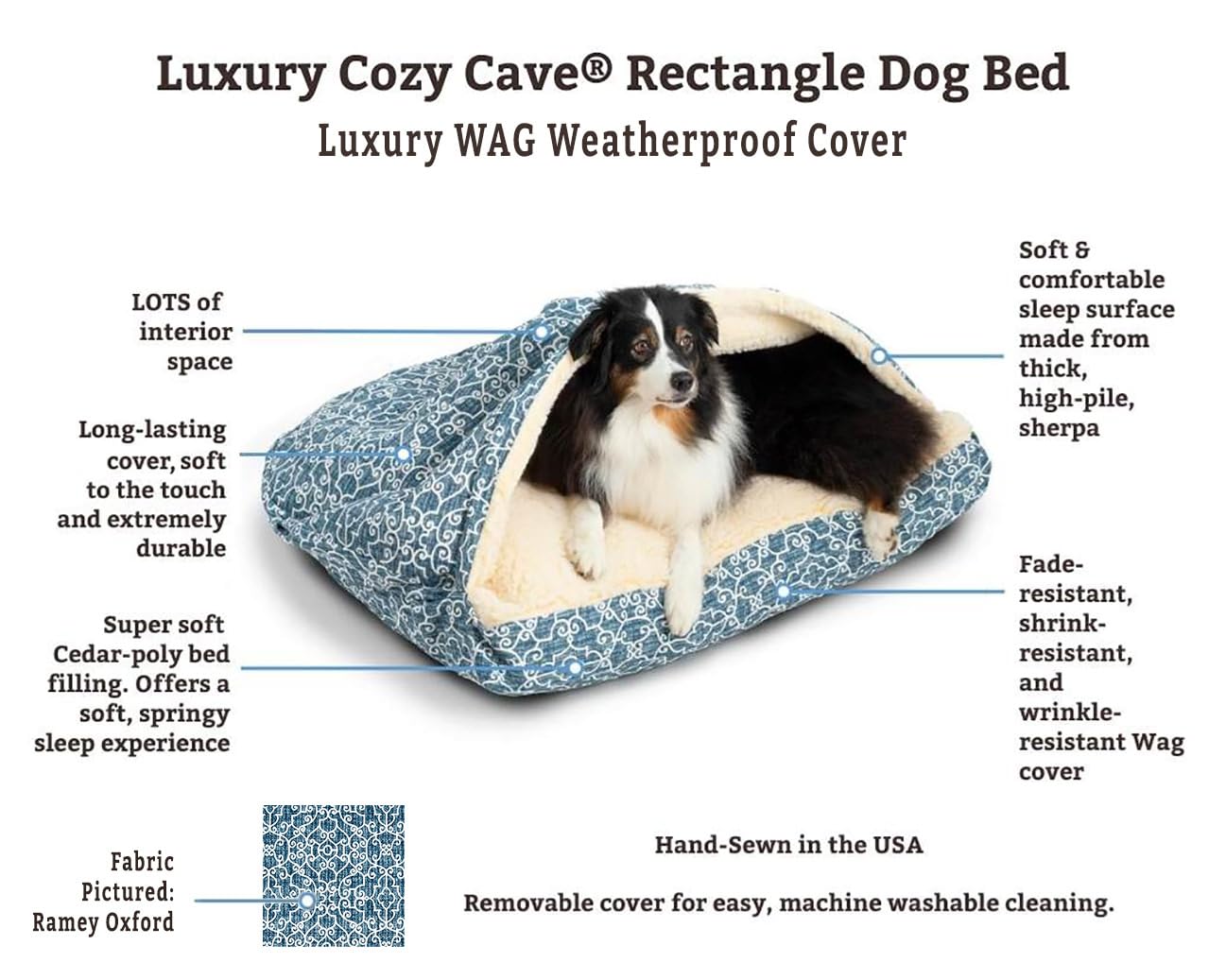 Luxury Cozy Cave Dog Bed - Snoozer Pet Products Wag Collection Extra Large Rectangle Pet Bed for Dogs & Cats, Celtic Surfside Design - Perfect for Indoor Lounging & Crate Comfort