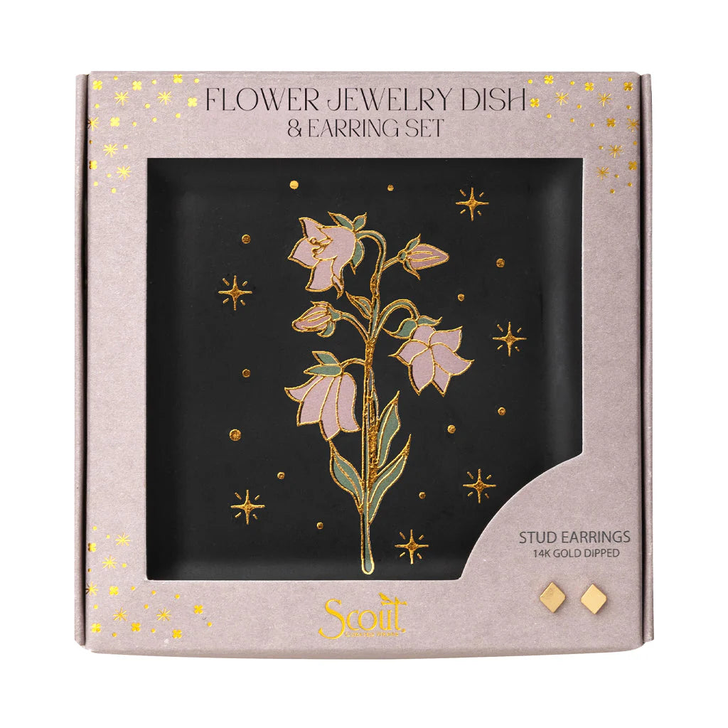 Elegant Black Flower Dish & Gold Earring Set - Perfect for Home Decor, Gift Giving & Jewelry Display