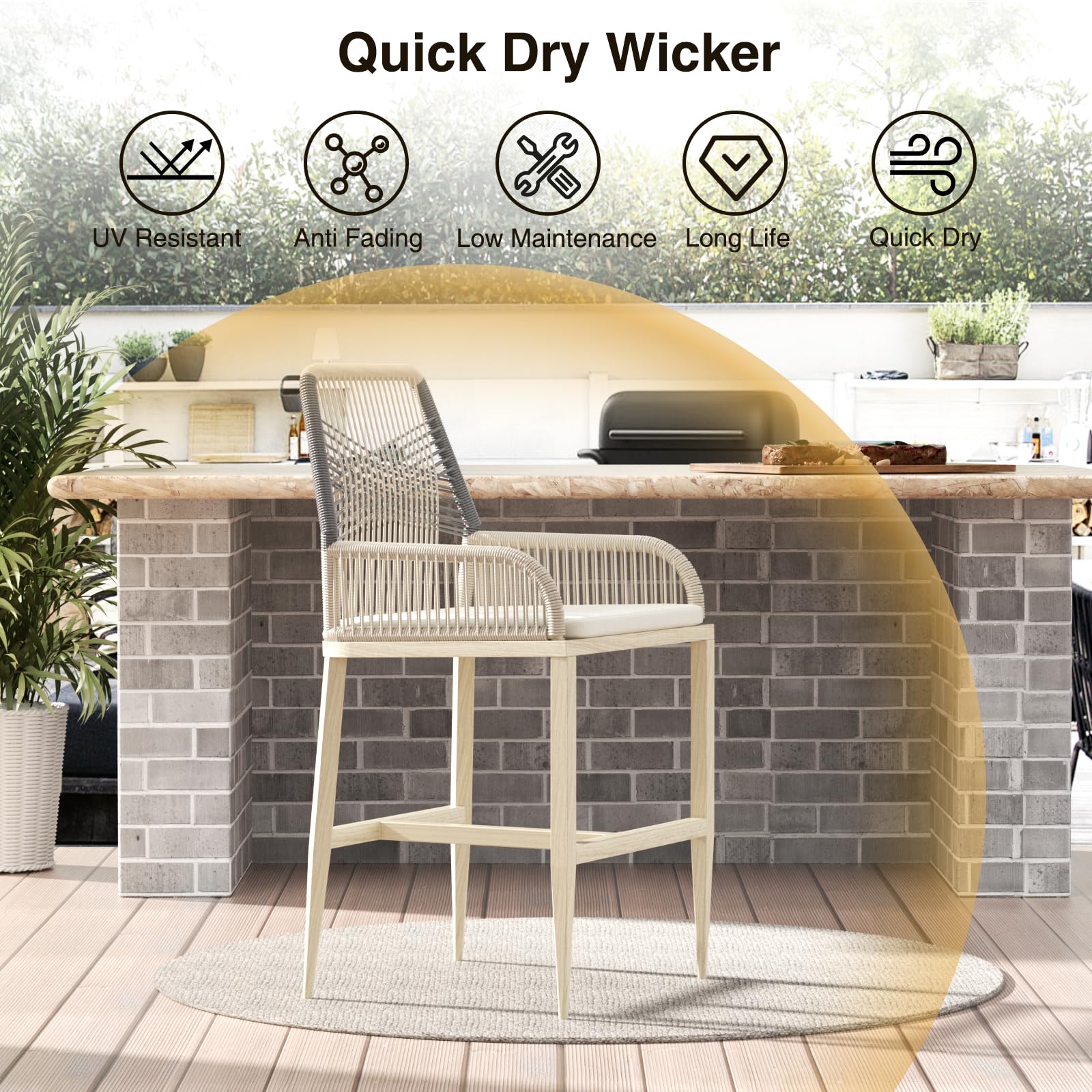 Modern Rattan Wicker Bar Stools Set of 2 - Counter Height Barstools with Backrest & Cushion, Grey - Perfect for Kitchen Island, Patio, Balcony, Poolside & Outdoor Dining Areas