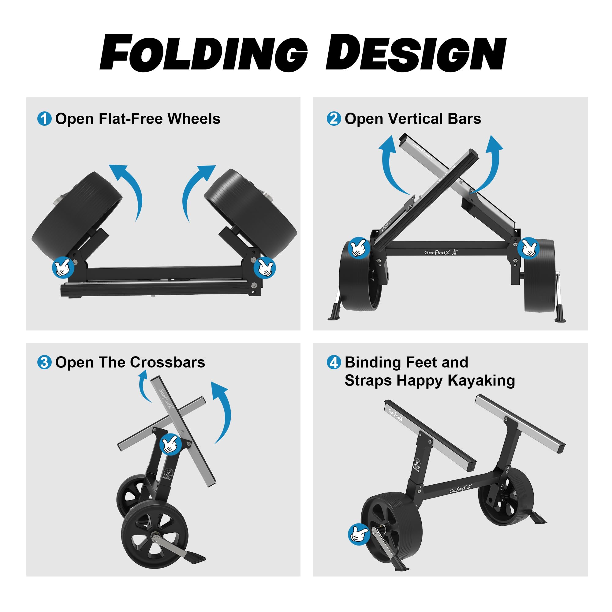 Heavy-Duty Folding Kayak Cart Dolly with Puncture-Proof Wheels & Kickstand - 350 lb Capacity Kayak Carrier for Canoes and Paddle Boards (Bright Black) | Portable Watercraft Transport for Beach, Lake & River Adventures