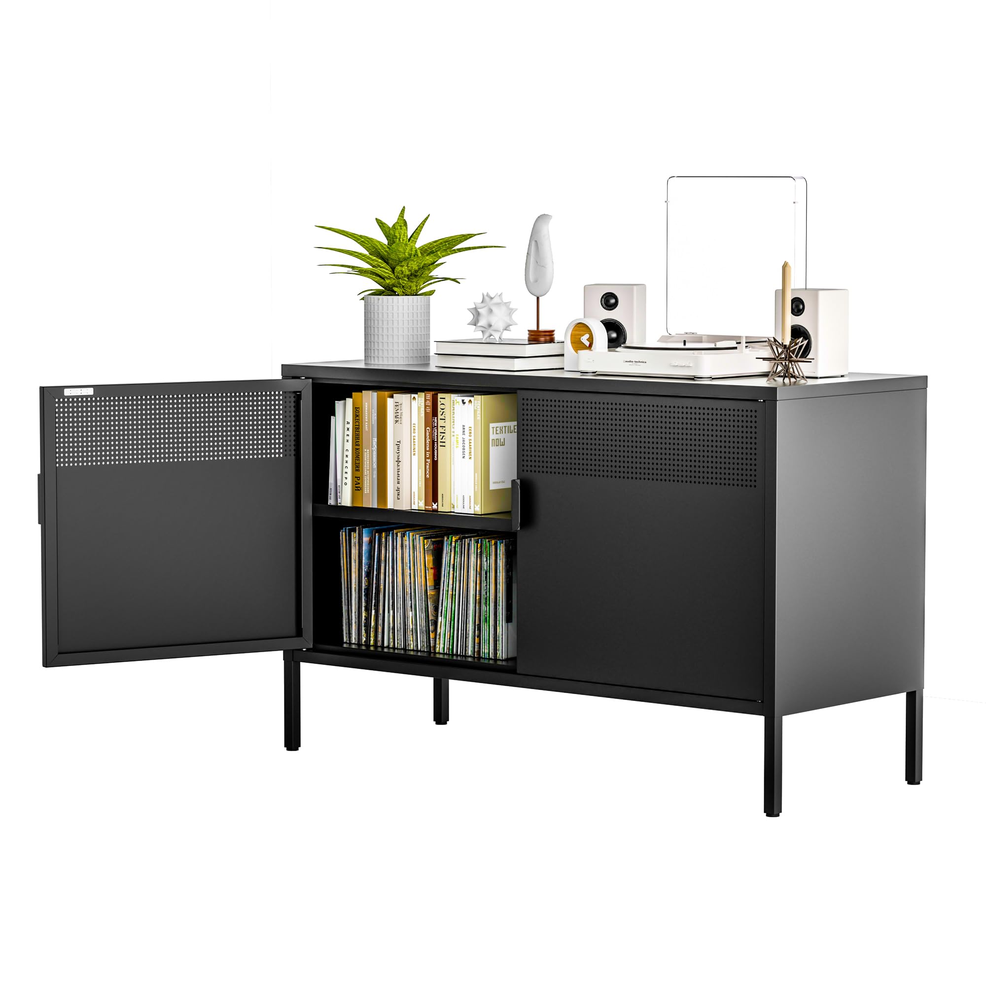 Black Wide Metal Locker Storage Cabinet - 2 Door Industrial Style Cabinet for Home & Office Organization - 2 Tier Low Profile Metal Cabinet with Adjustable Shelf - Multipurpose TV Stand, Entryway Storage & Closet Organizer - Perfect for Living Room, Bedroom, Office or Garage Storage Solutions