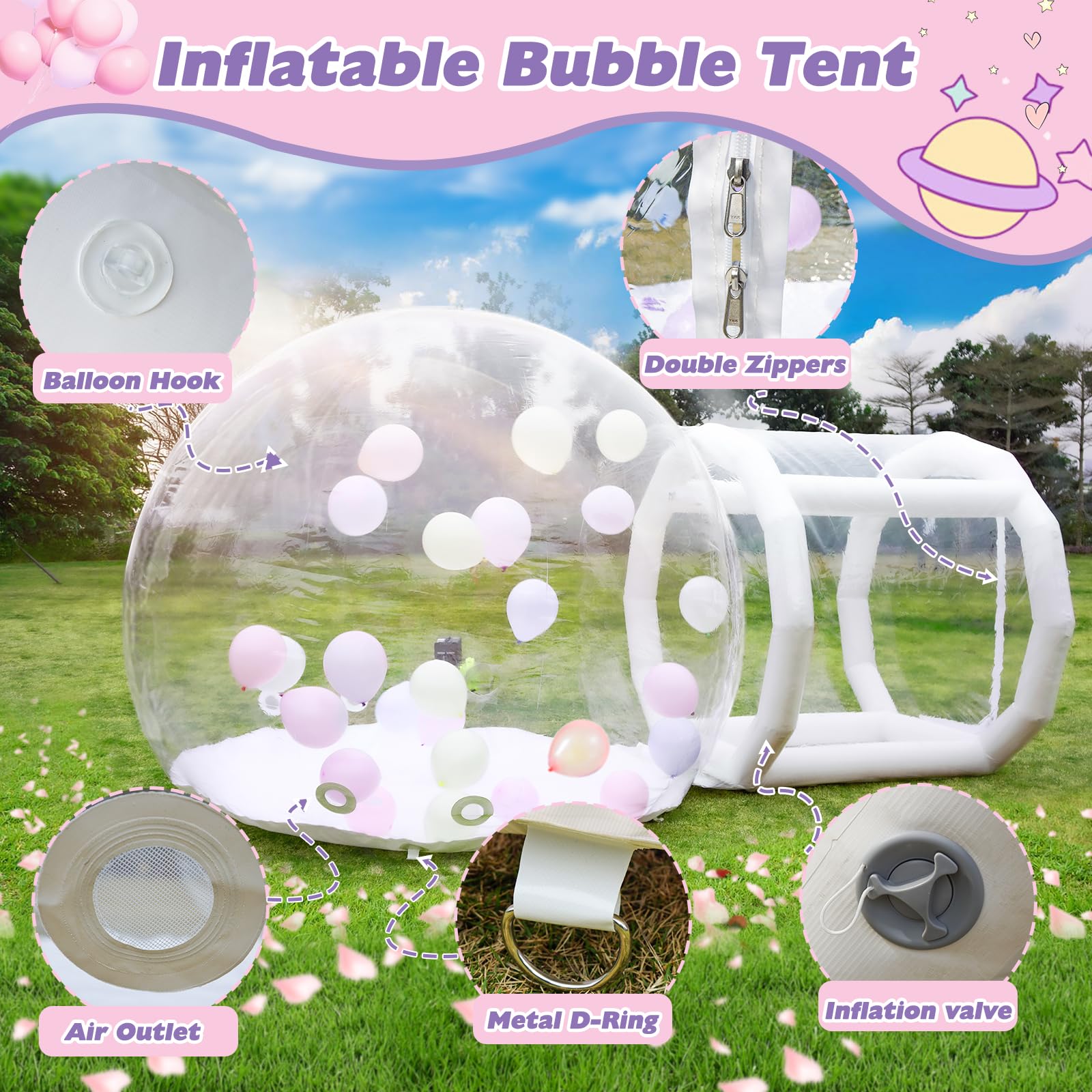 10FT Inflatable Bubble House Dome - Clear PVC Bubble Balloon Tent with Tunnel & 600W Air Pump | Transparent Inflatable Playhouse for Kids, Outdoor Parties, Backyard Decorations, Camping & Garden Fun