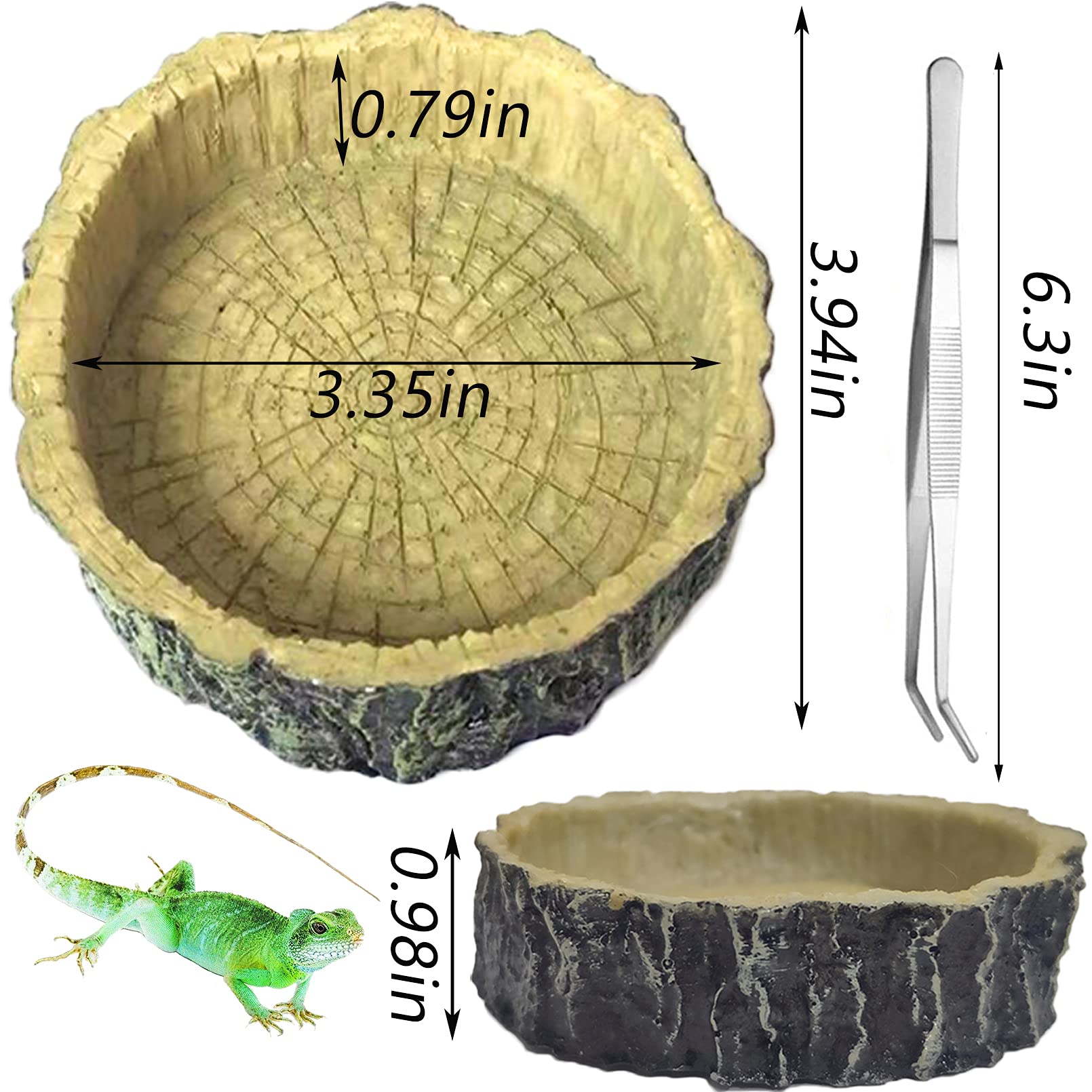 Hamiledyi 3 Pack Reptile Water Dish & Food Bowl Set - Resin Bearded Dragon Rock Feeder with Feeding Tweezers for Leopard Gecko, Lizard, Frog, Snake, Chameleon, Tortoise - Perfect for Terrarium Habitat & Easy Feeding