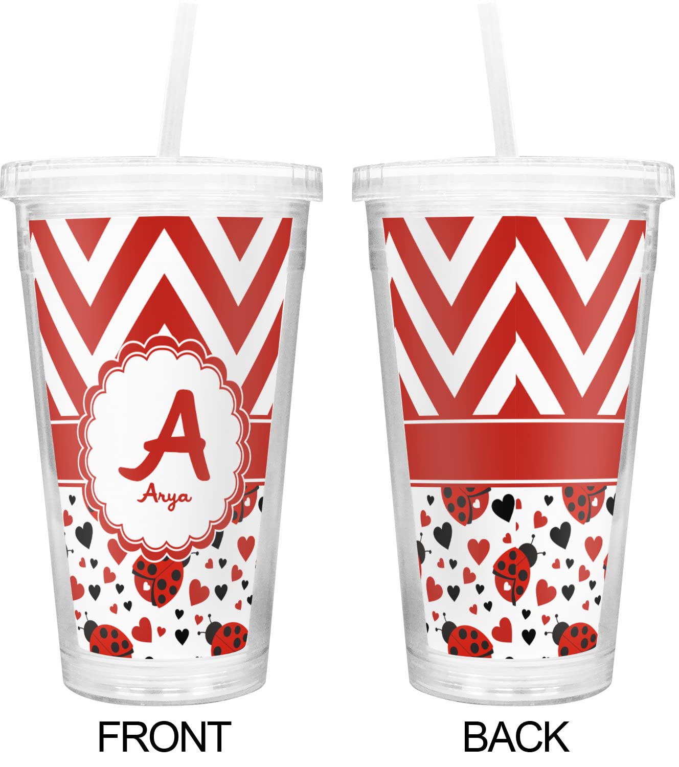 Custom Ladybugs & Chevron Pattern Double Wall Insulated Tumbler with Straw and Lid - Perfect for Iced Coffee, Smoothies, and Outdoor Activities