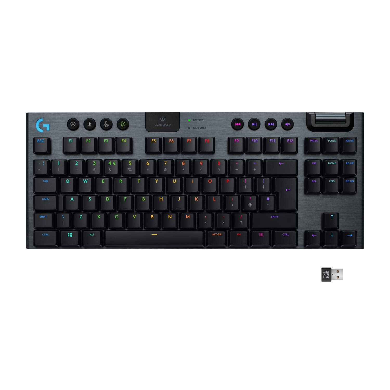 Logitech G915 TKL Wireless Mechanical Gaming Keyboard - Tenkeyless Design, Low Profile Switches, LIGHTSYNC RGB Backlit, Bluetooth & Lightspeed Wireless - Clicky Tactile (Renewed) for PC, Mac, PS5, Xbox Gaming & Office Work
