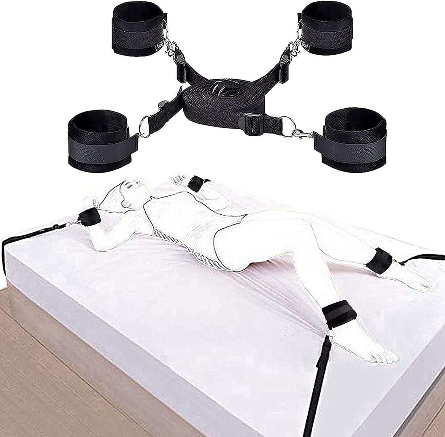 Queen Size Bed Restraints & Straps for Adults - Under Mattress Tie Downs, Wrist & Ankle Cuffs, Spreader Bar - Bondage Restraint Kit for Couples (V4) | Perfect for Spicing Up Your Bedroom & BDSM Play