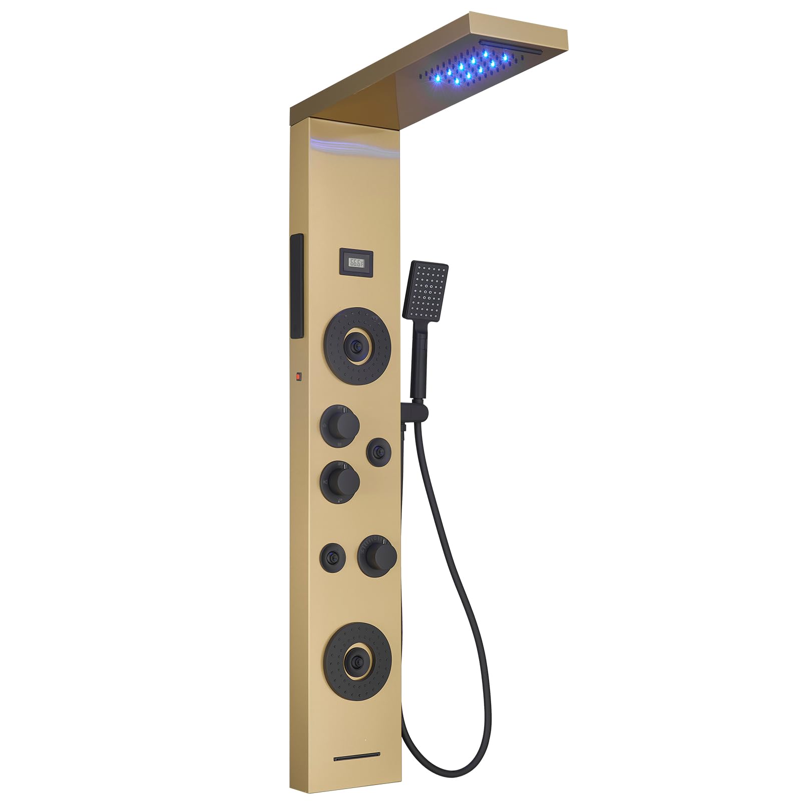 Brushed Gold LED Rainfall Shower Panel System - 6-Function Body Massage Shower Tower with Temperature Display | Wall Mount Bathroom Fixture for Luxurious Spa Experience