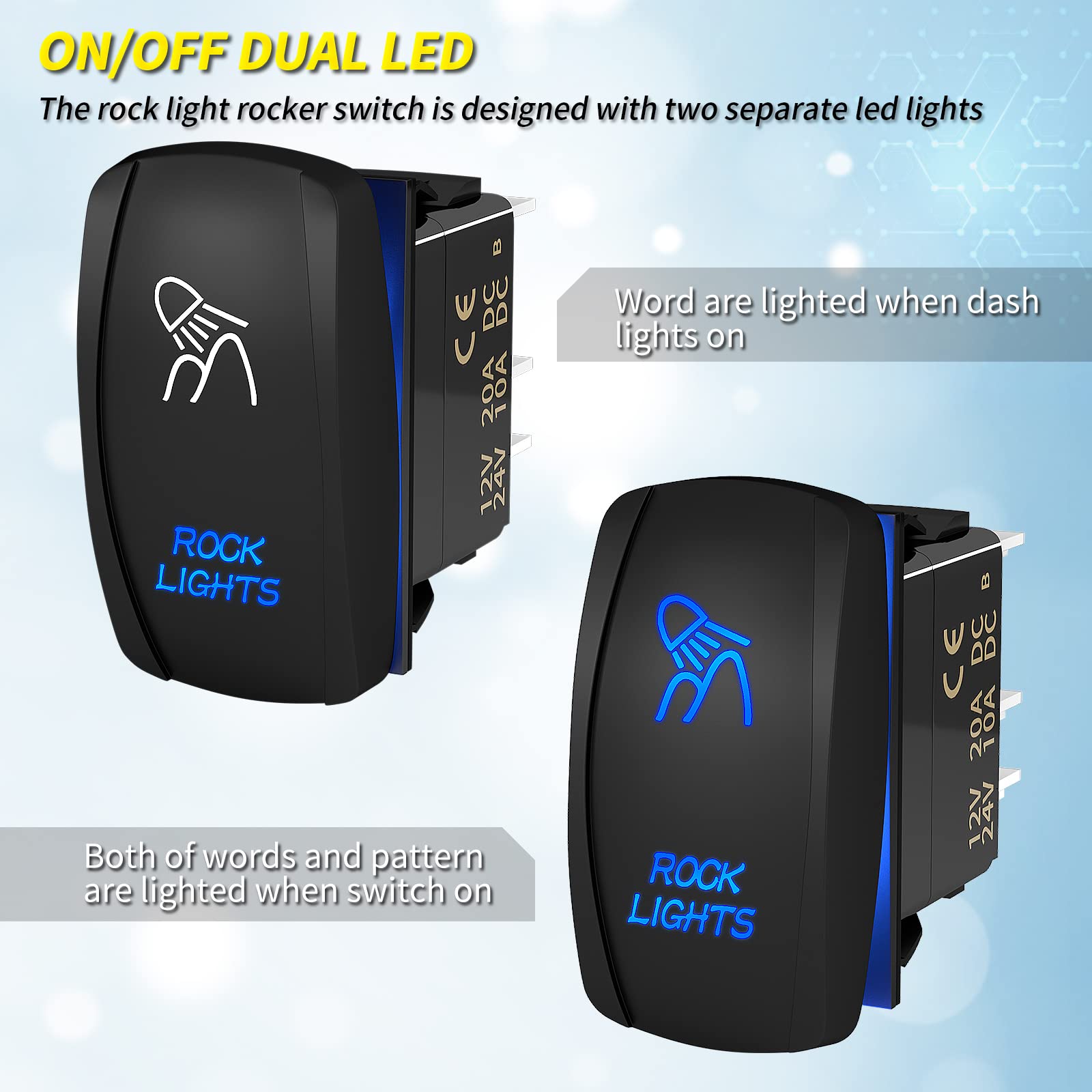 12V LED Light Bar Rocker Switch SPST ON/OFF 5 Pin for Polaris RZR, UTV, Marine, Truck, Jeep, ATV, Boat - Waterproof Rock Light Switch with Jumper Wires - Perfect for Off-Roading, Night Driving & Marine Applications