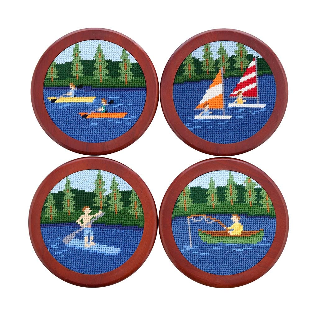 Smathers & Branson Lake Water Sports Needlepoint Coasters - Premium Handmade Drink Coasters for Boating, Fishing & Outdoor Entertaining - Perfect for Summer BBQs, Beach Houses & Nautical Decor
