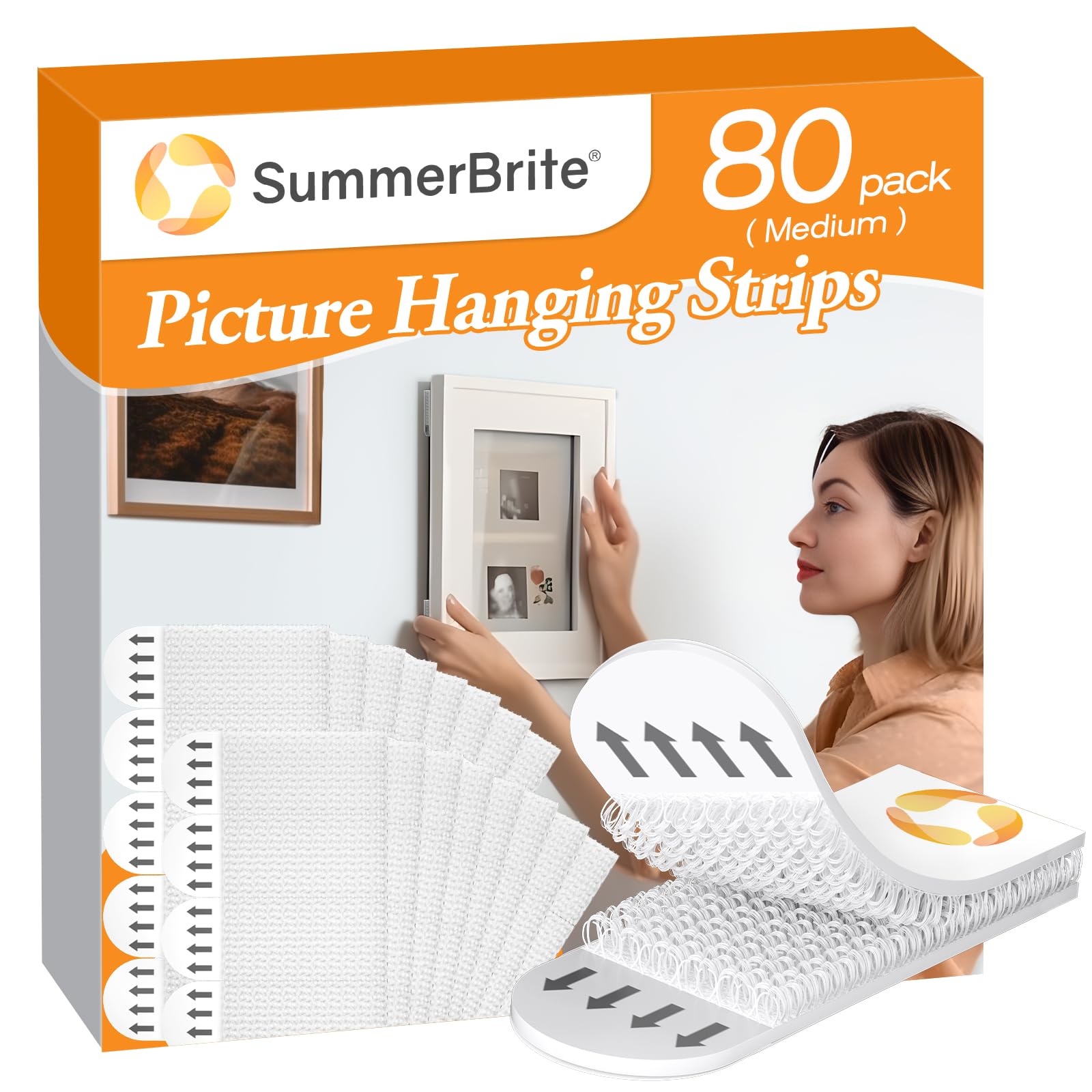 Damage-Free Picture Hanging Strips Kit - 40 Medium White Pairs (80 Strips) No Nail Adhesive Hooks for Wall Art, Photos & Frames | Perfect for Living Room, Bedroom & Office Decor