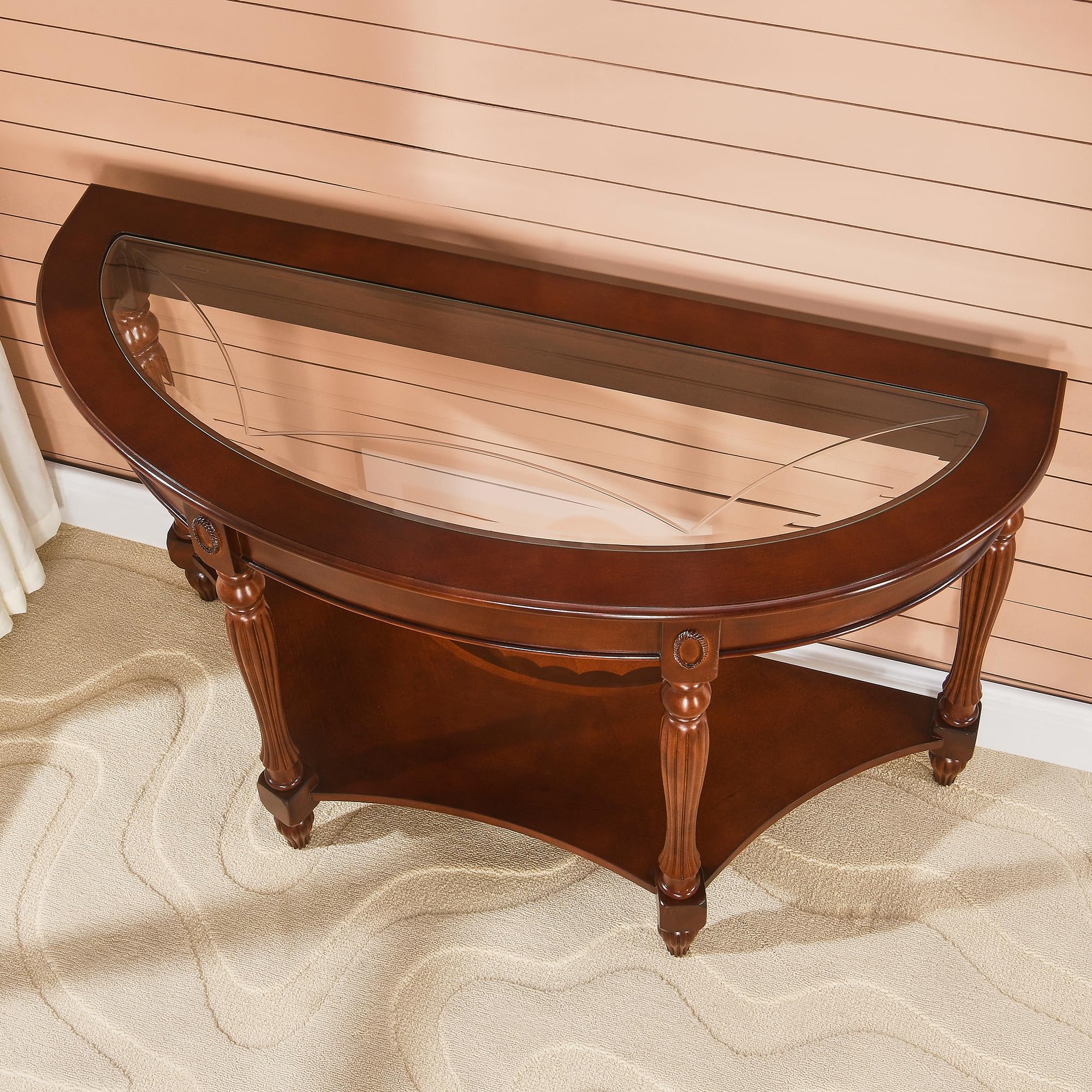 LEEMTORIG Demi Lune Console Table - Solid Cherry Wood with Glass Top | Traditional Victorian Antique Sofa Table for Entryway, Living Room & Hallway | Elegant Home Decor for Small Spaces & Narrow Areas (Model: SFZ-1533-GT)