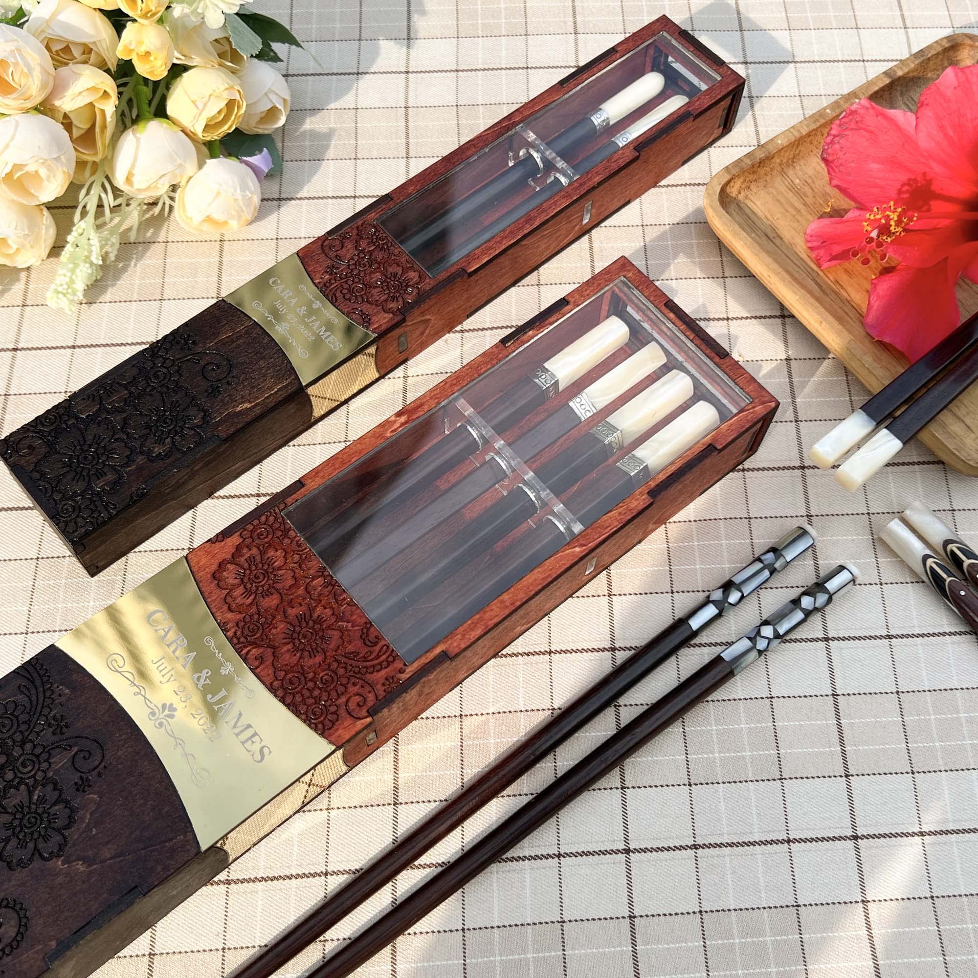 Personalized Premium Engraved Chopsticks Set for Couples - Custom Name Wedding Gift - Luxury Chopsticks with Gift Box - Perfect for Anniversaries, Bridal Showers & Newlywed Gifts (2 Pairs)