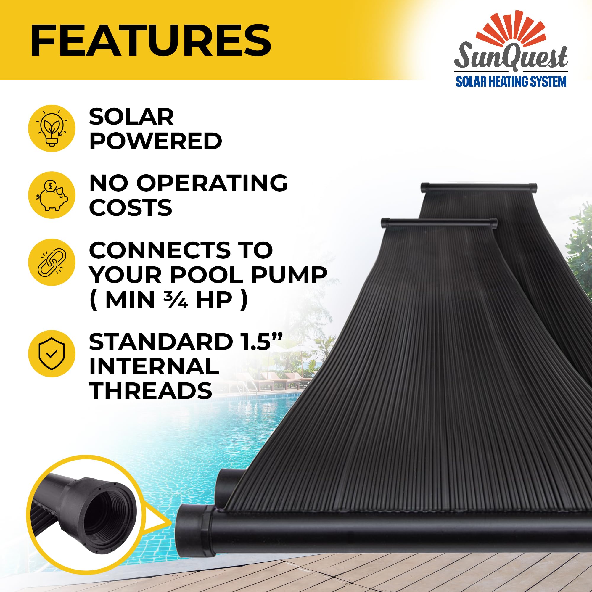 SunQuest Solar Pool Heater Panels - 2 Pack (2ft x 10ft) Solar Water Heating Collectors with Roof/Rack Kit - Energy Efficient Above Ground & Inground Pool Heater - DIY Installation, UV Resistant Polypropylene Panels - Perfect for Backyard Swimming Pools, Spas & Hot Tubs