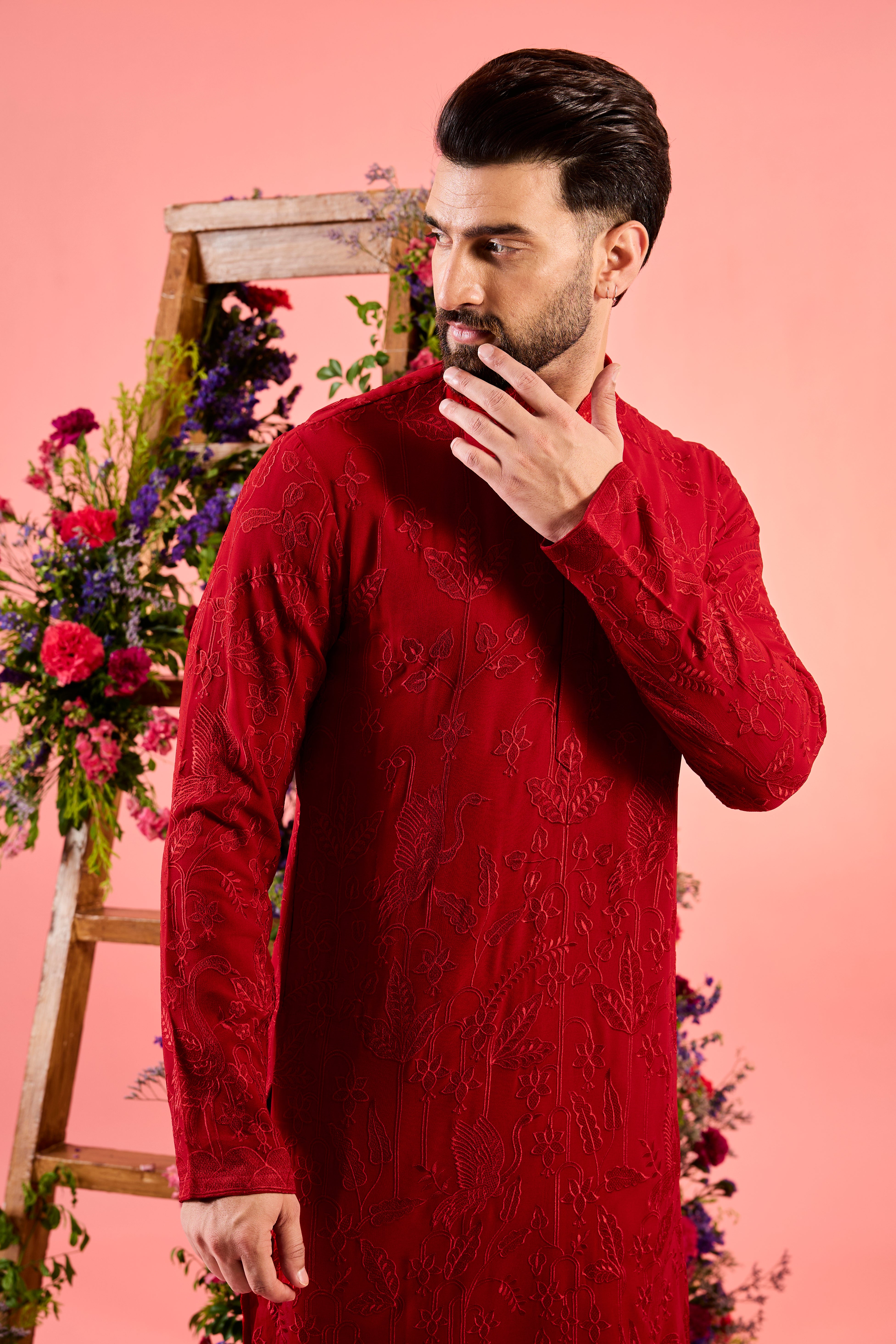 Elegant Red Chikankari Kurta with Delicate Floral & Fauna Embroidery - Perfect for Festivals, Weddings & Ethnic Occasions