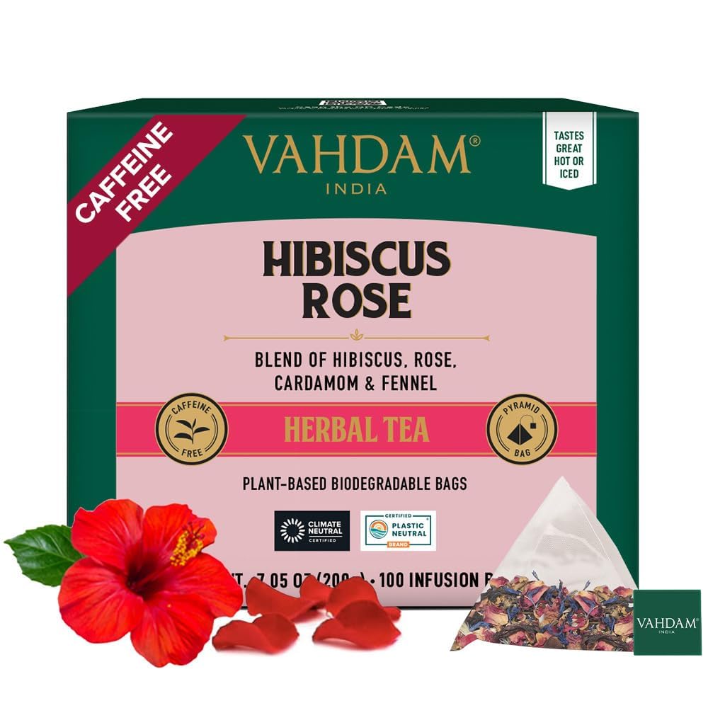 VAHDAM Hibiscus Rose Herbal Tea Bags - 100% Natural Whole Hibiscus Flowers with Rose Petals, Chamomile & Exotic Spices (100 Count) | Caffeine-Free Floral Infusion | Resealable Ziplock Pouch | Perfect for Relaxation, Detox & Afternoon Tea Time