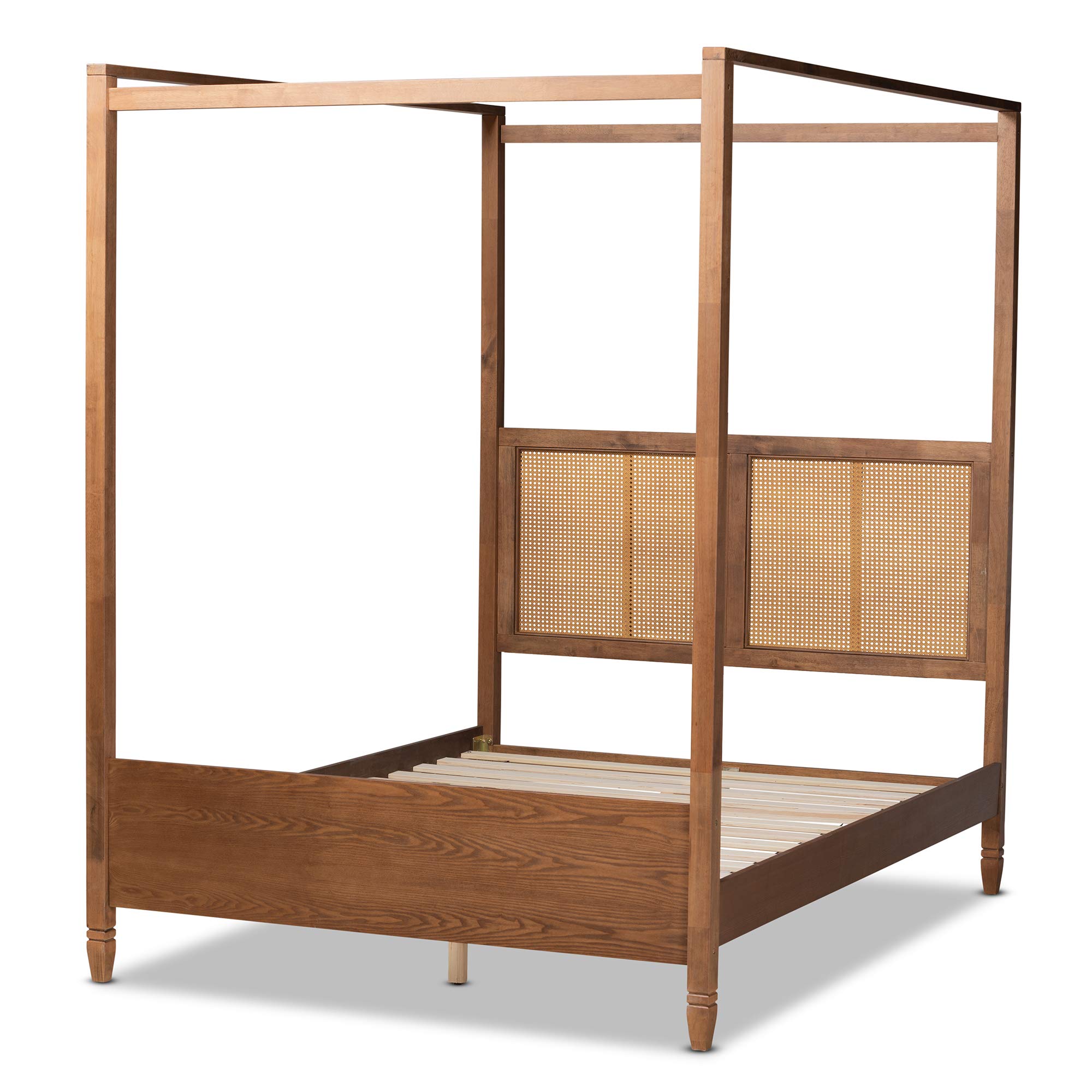 Baxton Studio Malia Modern Queen Size Canopy Bed - Walnut Brown Wood & Rattan Design for Bedroom Decor | Perfect for Contemporary Master Bedrooms and Guest Rooms