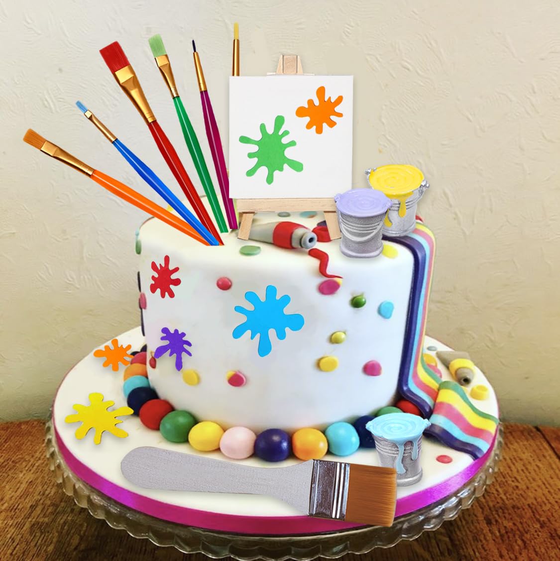26 Pcs Art Cake Topper Set - Paint Cake Decorations with Paint Pen, Brush, Palette & Bucket for Kids Birthday, Baby Shower & Art Themed Parties - Perfect for DIY Cake Decorating and Creative Dessert Displays