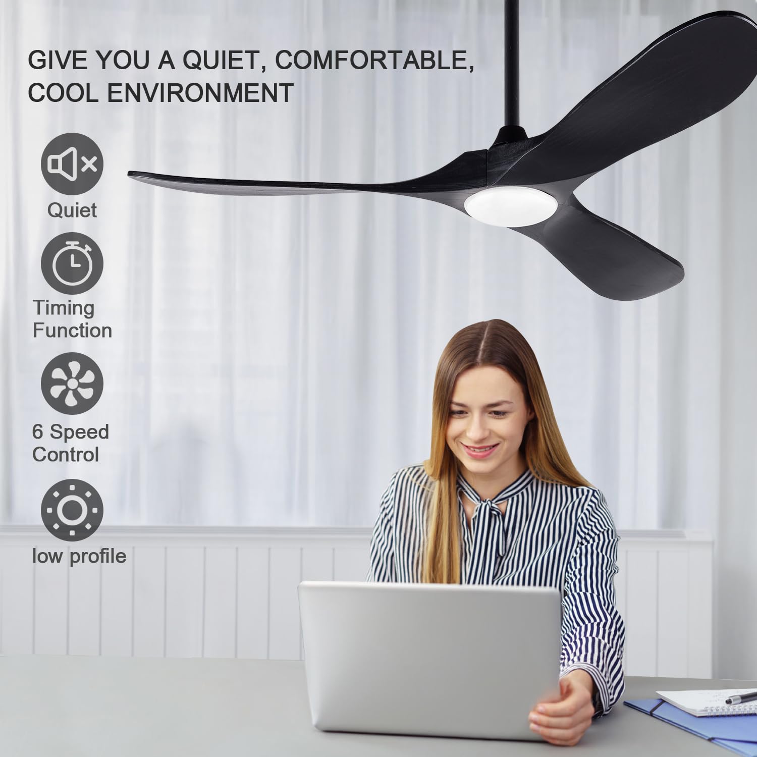 52 Inch BOJUE Modern Ceiling Fan with Lights - Indoor/Outdoor Remote Control Fan, 3 Wooden Blades, 6 Speed Settings, Black - Perfect for Porch, Living Room, Bedroom, and Patio Cooling