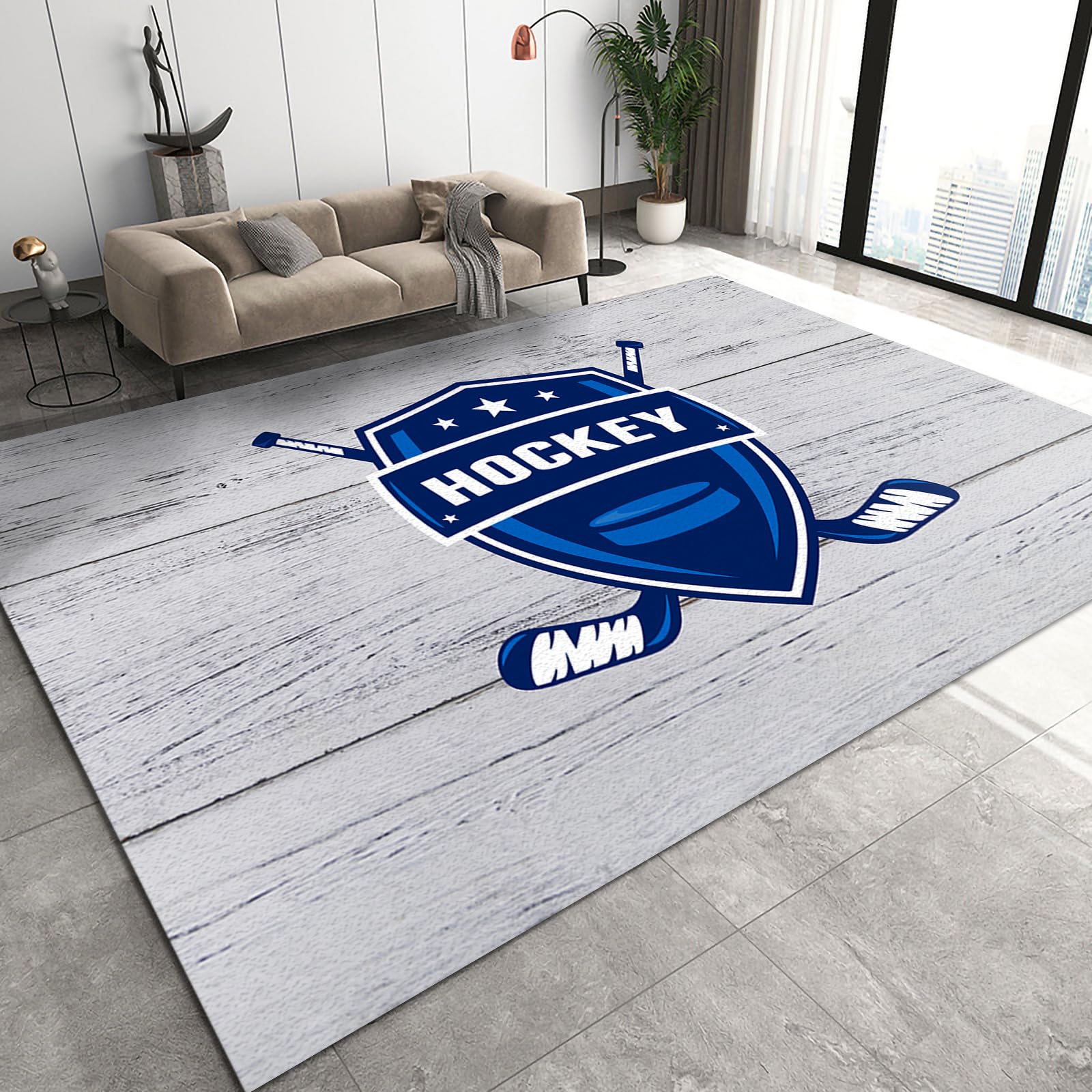 6x8ft Large Area Rugs for Kids Room - Hockey Shield Design with Wood Grain Pattern | Non-Slip Nursery & Classroom Rug in Light Gray | Perfect for Teen Boys Bedroom, Playroom & Home Decor