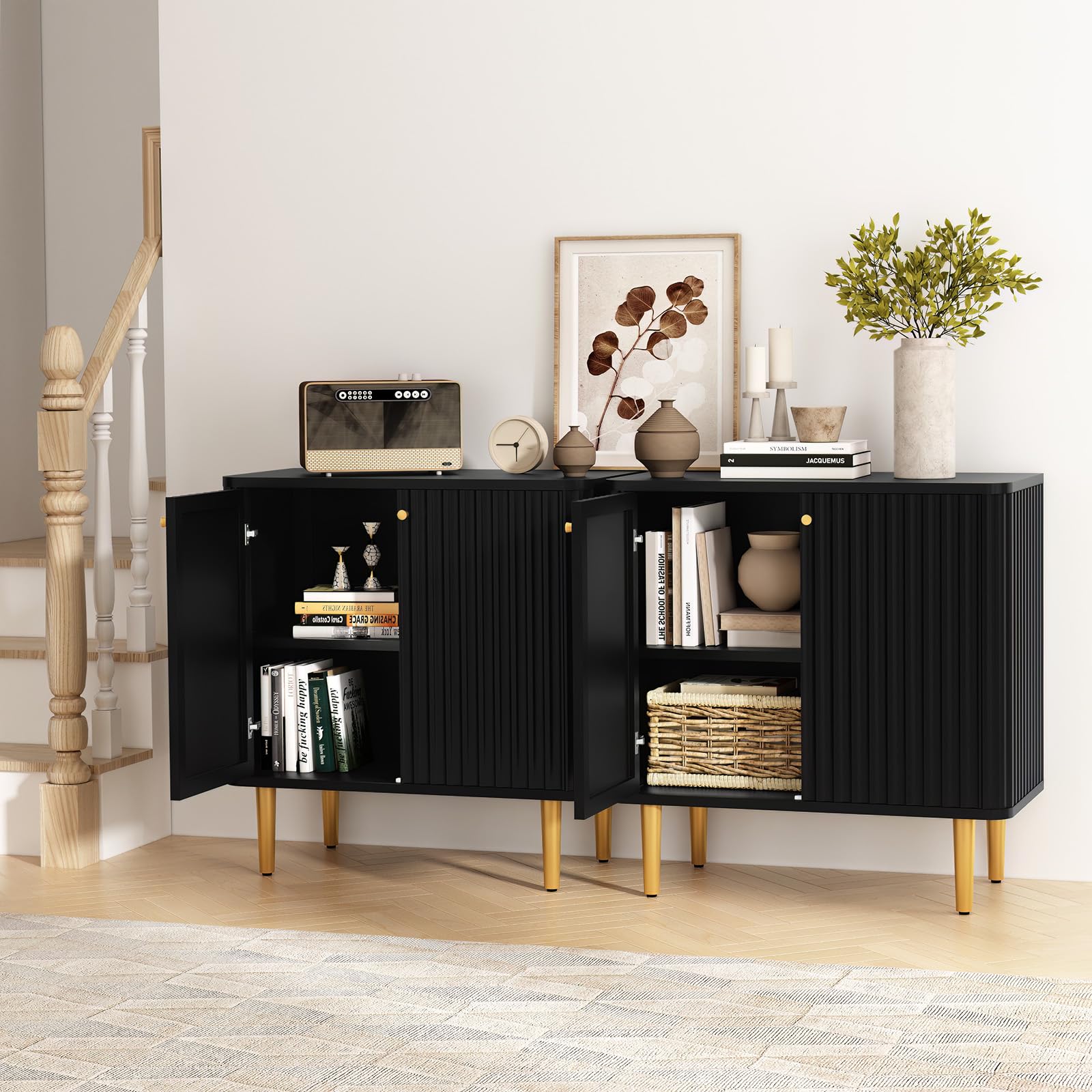 Modern HLR Sideboard Buffet Cabinet with Fluted Texture & Black Accent - 2 Door Storage Credenza for Kitchen, Living Room & Entryway - Perfect for Dining Room Storage, Home Organization & Stylish Decor