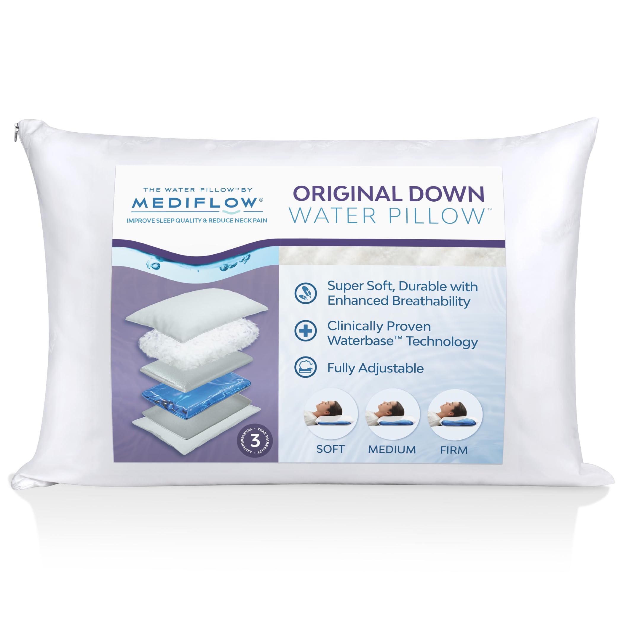 Down Water Pillow - 75% Down Fill Adjustable Neck Pain Relief Pillow for Side, Back & Stomach Sleepers | Original Water Pillow Inventor | Perfect for Home, Travel & Post-Surgery Comfort
