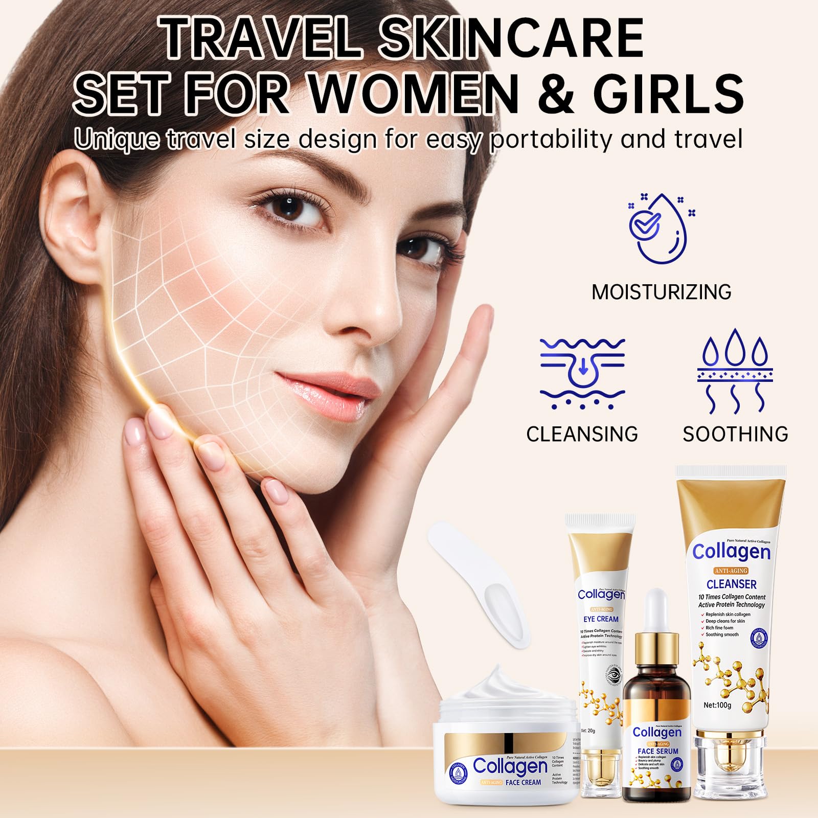 **Collagen Anti-Aging Skincare Set - Reduce Wrinkles, Shrink Pores & Smooth Fine Lines - Hydrating 4-Piece Travel Kit (Cleanser, Serum, Cream, Eye Cream) for Women - Perfect for Daily Routine & On-The-Go Glow**