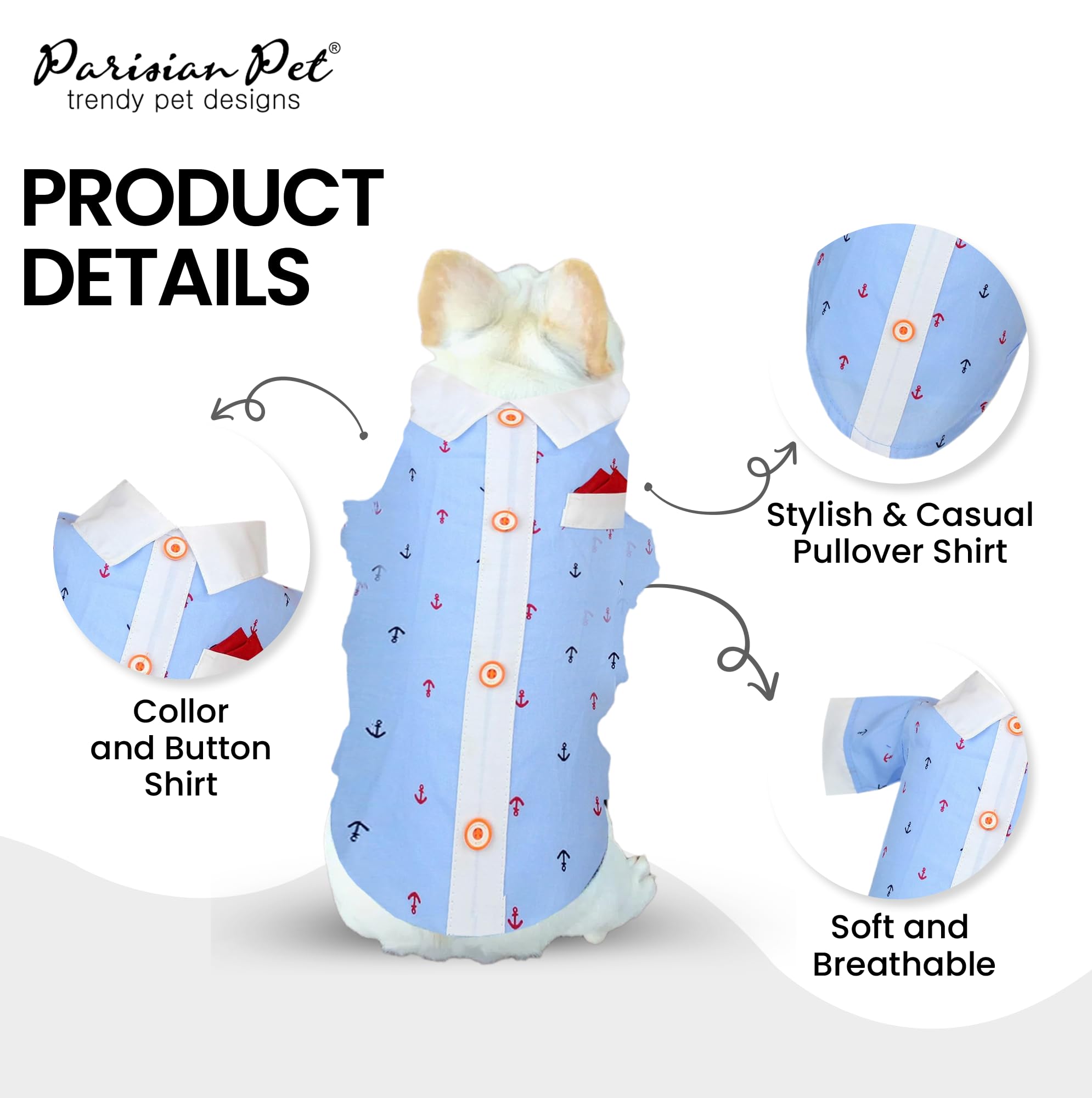 Parisian Pet Dog Shirt | Nautical Dog Costume for Small Dogs | 100% Cotton Anchor Print Dog Clothes | Blue & White Sleeved Dog Shirt | Perfect for Beach Outings & Photo Shoots