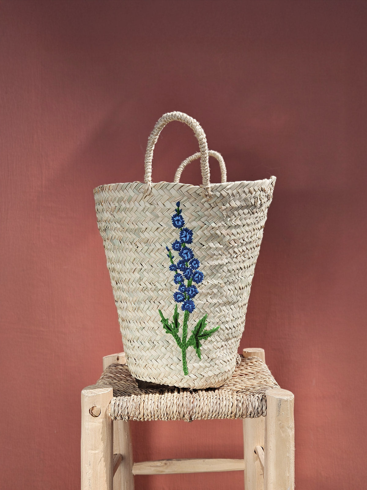 Hand Embroidered Woven Storage Basket with Delphinium Floral Design - Perfect for Home Decor, Nursery Organization & Gift Giving