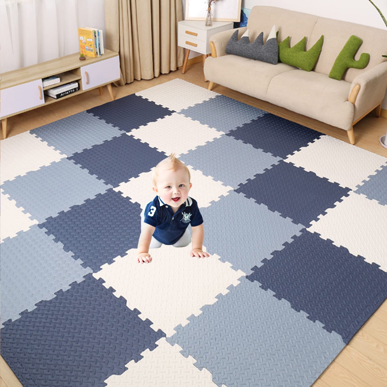 Non-Toxic Soft Foam Play Mat - 24-Piece Interlocking Puzzle Floor Tiles for Kids & Adults - Navy Blue/Light Blue/White Color Set - Perfect for Yoga, Gym, Nursery, Playroom & Outdoor Activities - Waterproof & Easy to Clean Exercise Mats for Home, Daycare & Fitness Studios