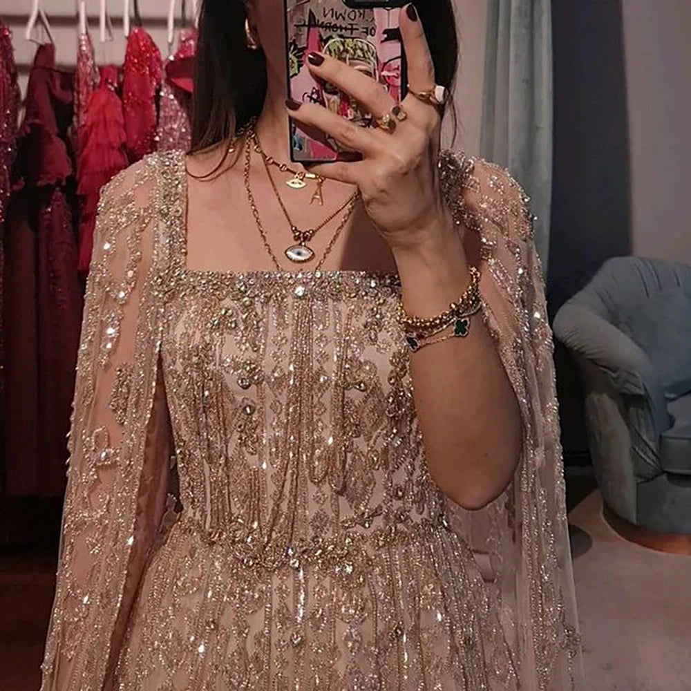 Luxury Dubai Arabic Nude A-Line Cape Sleeve Crystal Beaded Evening Gown for Women - Saudi Formal Dress LA72764 | Wedding, Prom, Gala & Special Occasions
