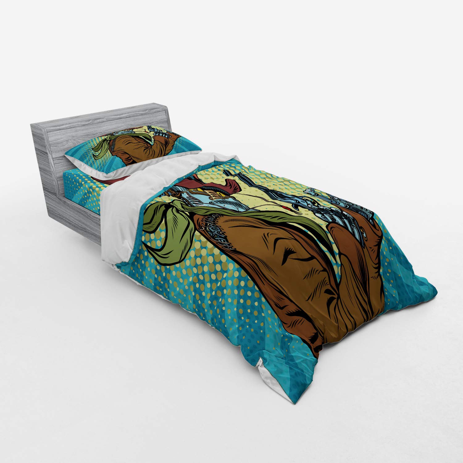 Ambesonne Steampunk Western Robot Cowboy Duvet Cover Set - 3 Piece Twin XL Bedding with Sham & Fitted Sheet in Petrol Blue & Brown | Perfect for Themed Bedrooms, Geek Decor & Unique Gift Ideas