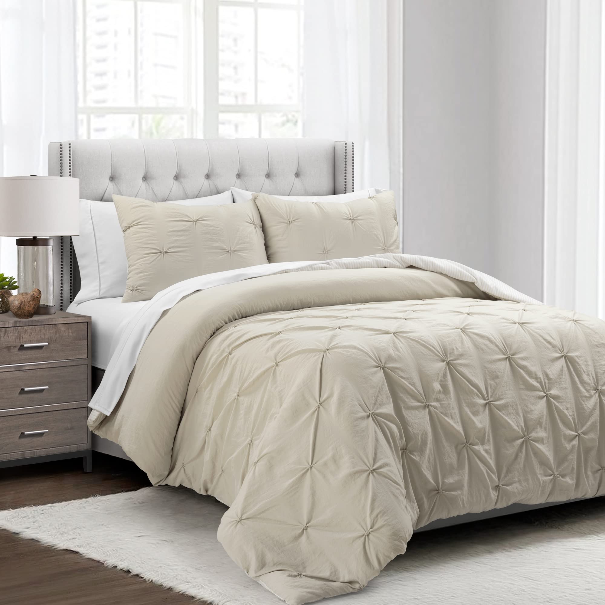 Lush Decor Ravello Pintuck 7-Piece Reversible Comforter Set with Sheet Set - Textured Bedding for King Size Bed - Traditional & Farmhouse Style Bedroom Decor in Wheat Color - Perfect for Cozy Home, Guest Room, and Master Bedroom Makeover