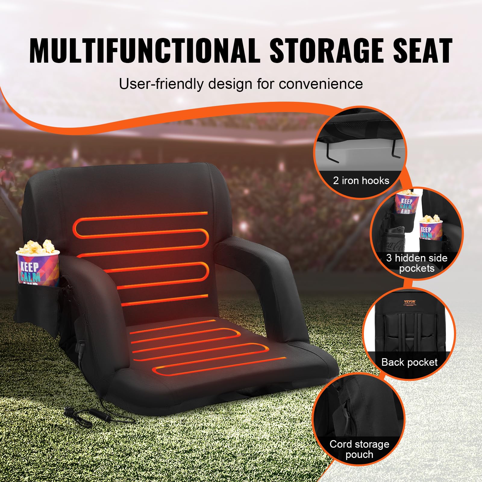 VEVOR Folding Stadium Seat with Back Support - Portable Padded Bleacher Chair with Reclining Feature, Cup Holder & Hook Pocket - Perfect for Sports Events, Beach, Camping, Concerts & Outdoor Activities