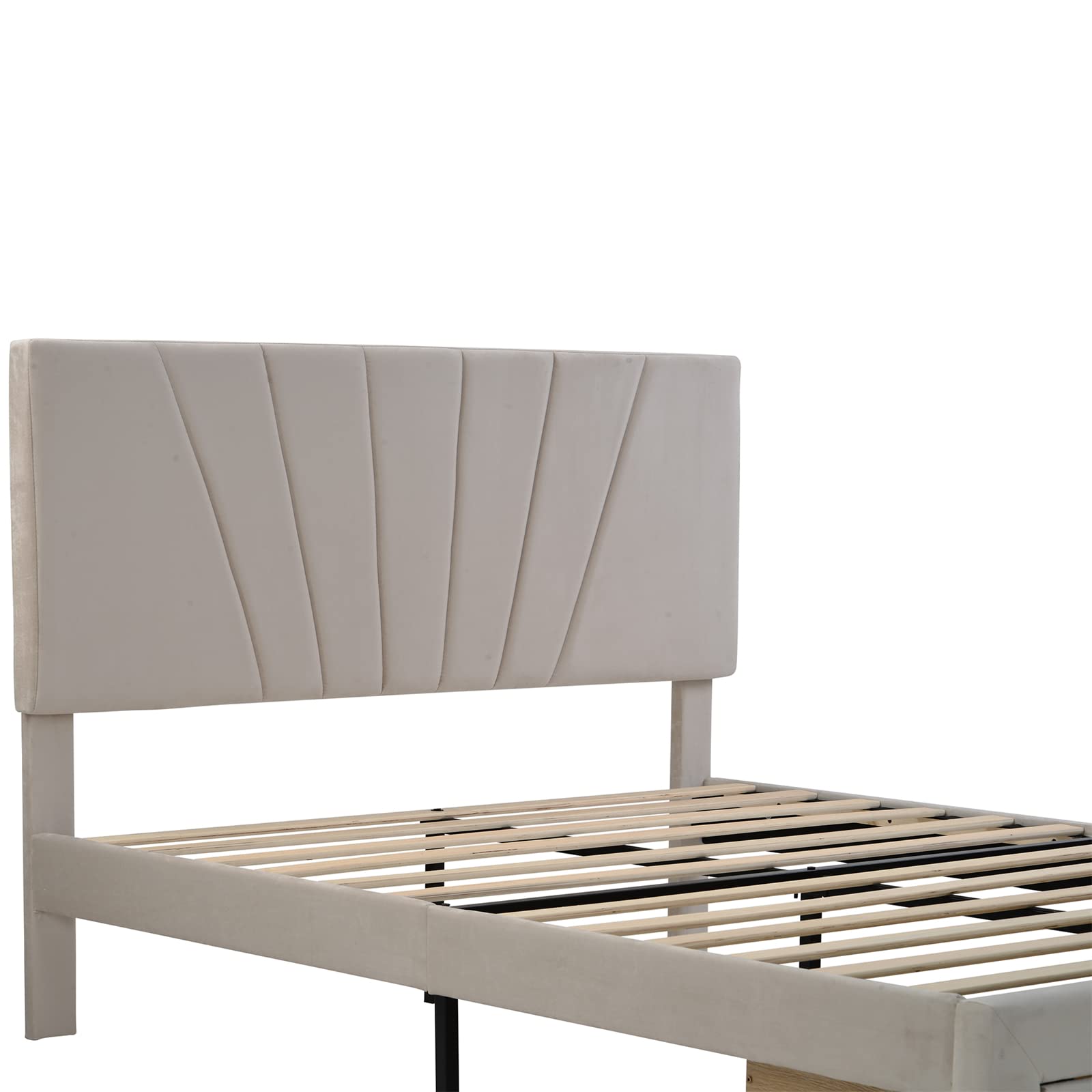 TRIPLE TREE Queen Size Storage Bed Frame - Modern Velvet Upholstered Platform Bed with Adjustable Headboard & Large Drawers | Sturdy Wood Slat Support | No Box Spring Required | Beige Luxury Bedroom Furniture | Perfect for Small Spaces & Master Bedrooms