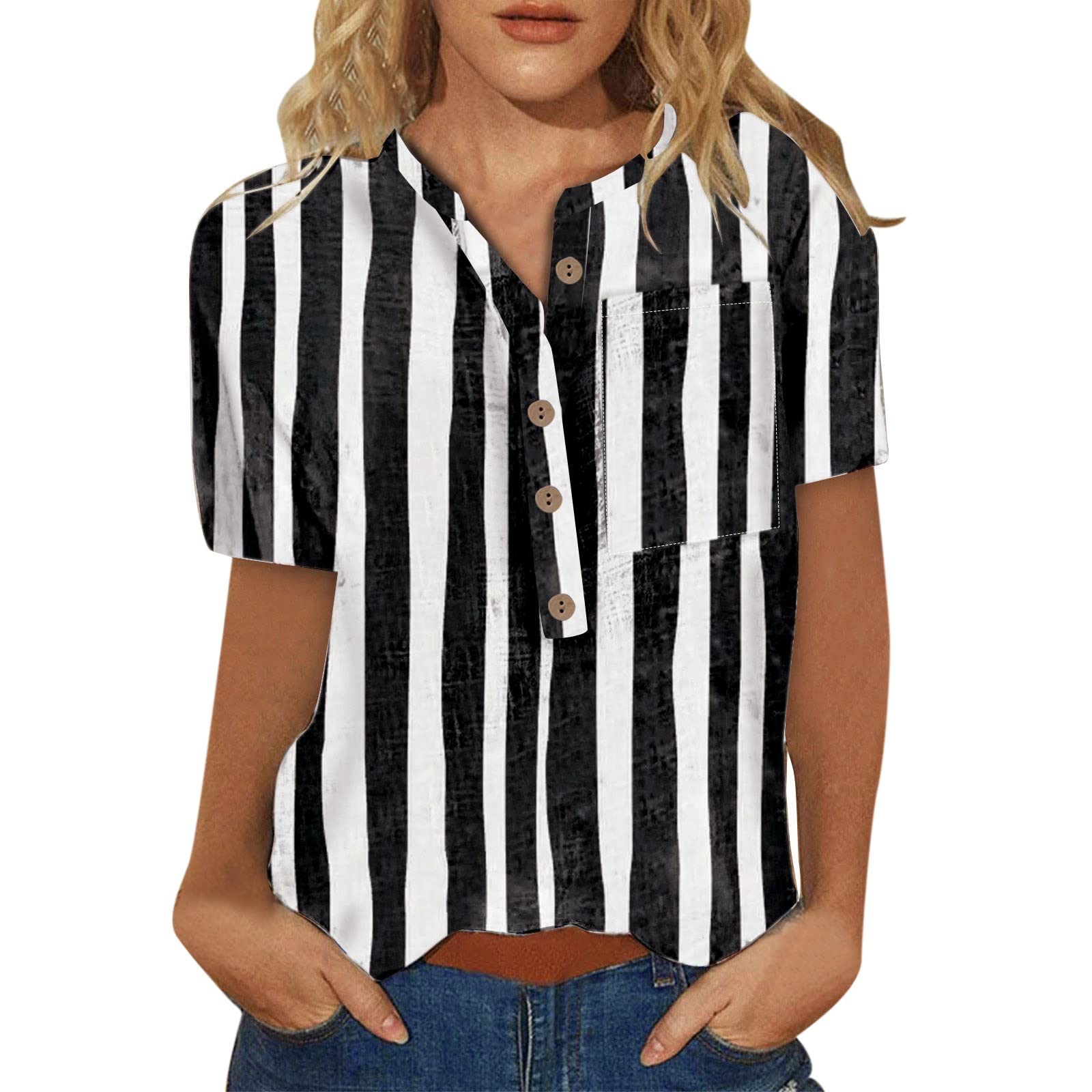Women's Short Sleeve Printed Button-Up Tops - Trendy Casual Summer & Fall Tee Shirts for Everyday Wear, Work & Weekend Outings