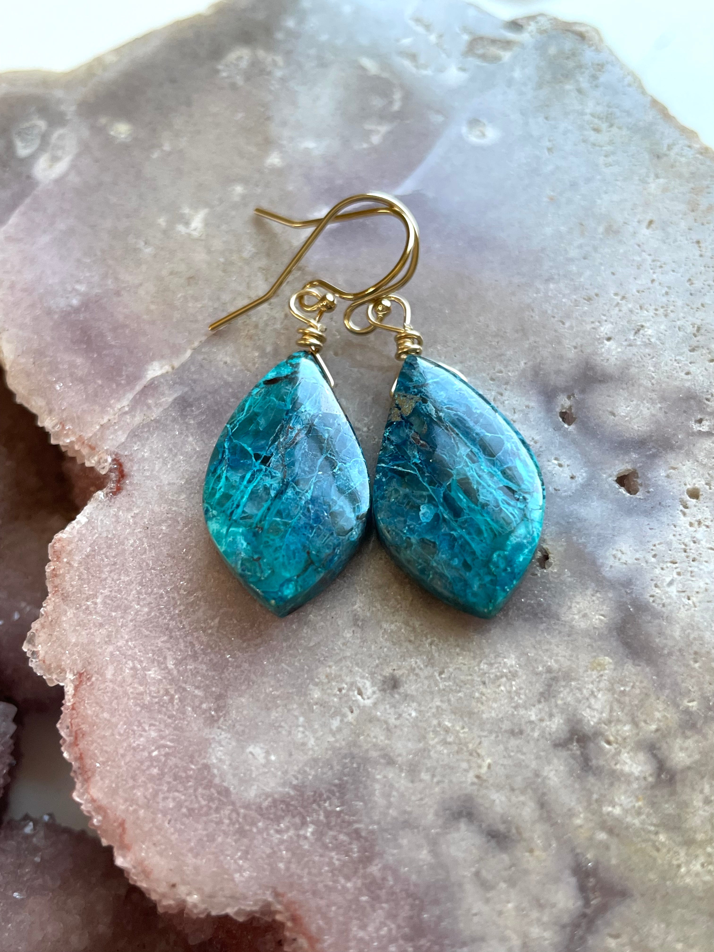 Shattuckite Earrings - 14K Gold Filled Gemstone Jewelry for Women | Healing Crystal Dangle Earrings for Meditation, Yoga & Spiritual Gifts