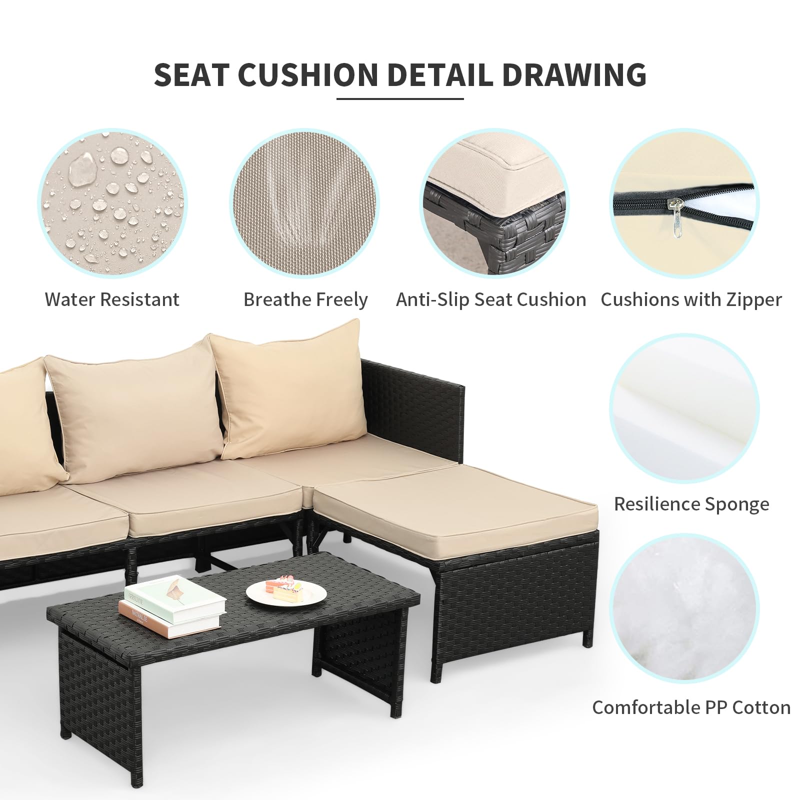 Valita 3-Piece Outdoor PE Rattan Furniture Set - Black Wicker Patio Conversation Sofa with Khaki Cushions | Weather-Resistant PE Rattan Loveseat & Sectional Couch for Garden, Poolside, and Backyard Relaxation