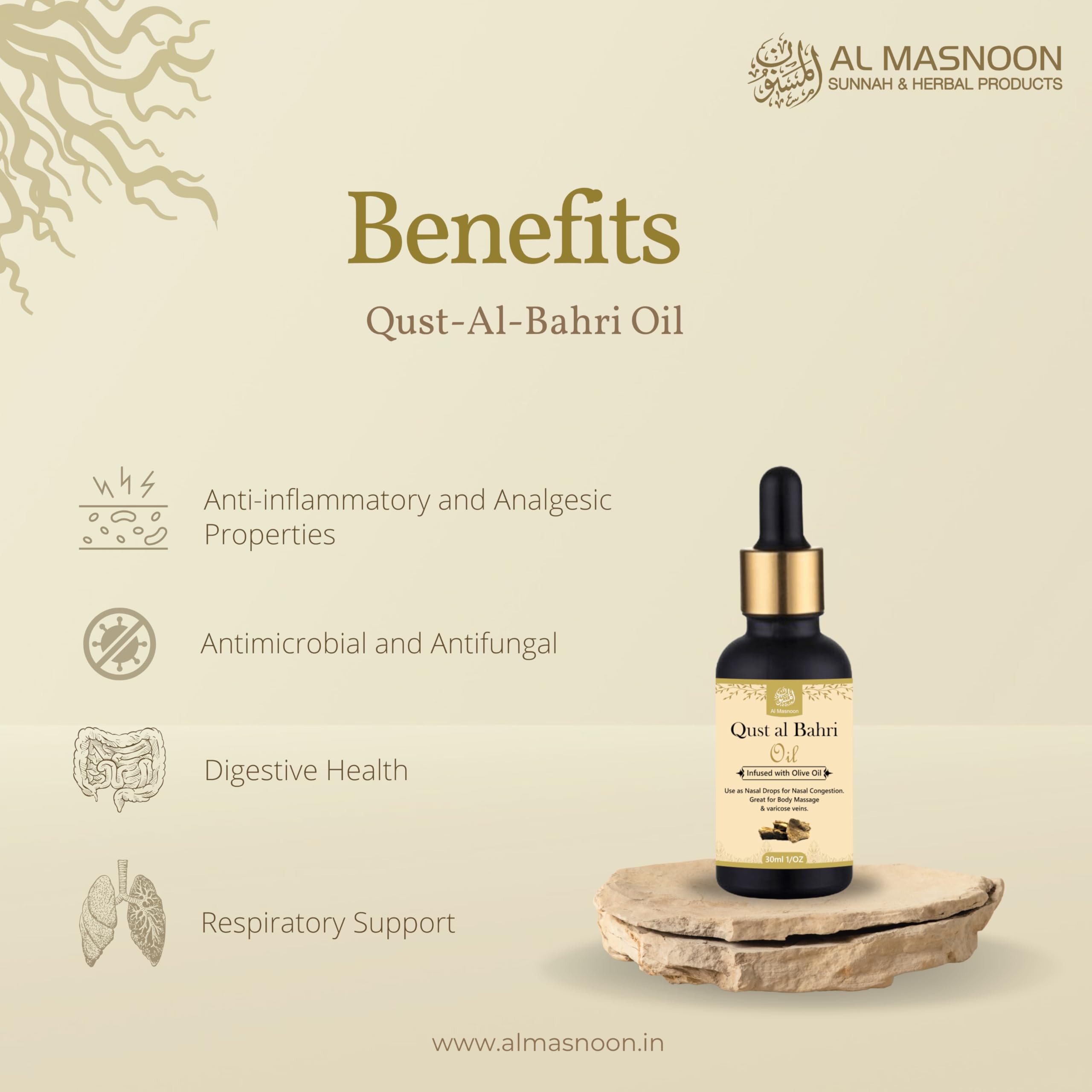 AL MASNOON Qust Al Bahri Oil - 100% Natural Herbal Remedy Infused with Olive Oil, 30ml (1 Pack) for Aromatherapy, Massage & Skin Care