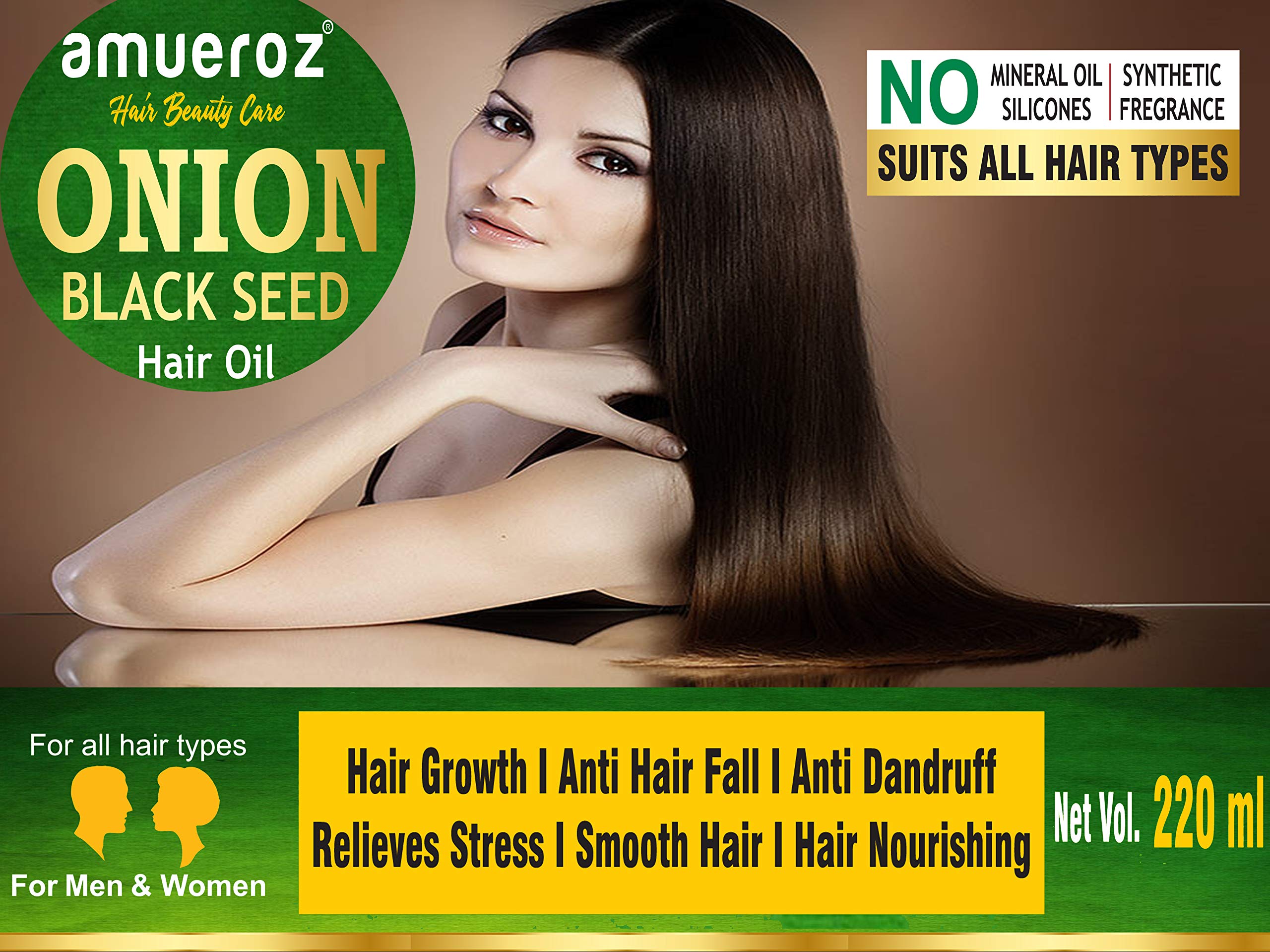 Amueroz Onion Black Seed Hair Oil for Hair Growth - 220ml | Anti Hair Loss, Anti Dandruff & Hair Fall Treatment | Promotes Strong & Healthy Hair for Men & Women | Relieves Stress - Perfect for Daily Scalp Massage & Nighttime Hair Care Routine