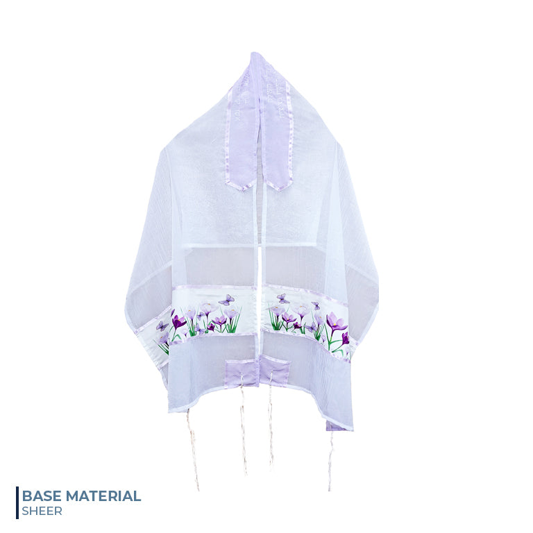 Lilac Crocuses Field Tallit Prayer Shawl for Women & Girls - Elegant Tzitzit Shawl for Bat Mitzvah, Synagogue & Jewish Ceremonies