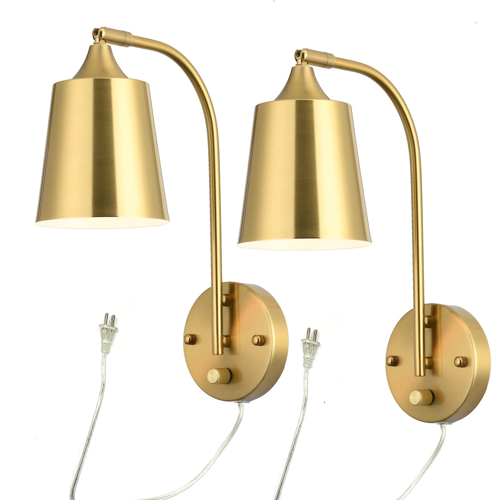 Gold Plug in Wall Sconce Set of 2 with Dimmer Switch - Industrial Wall Mounted Lamp for Bedroom, Living Room, Hallway - Vintage Style Lighting Fixtures (2-Pack) for Home Decor & Cozy Ambience