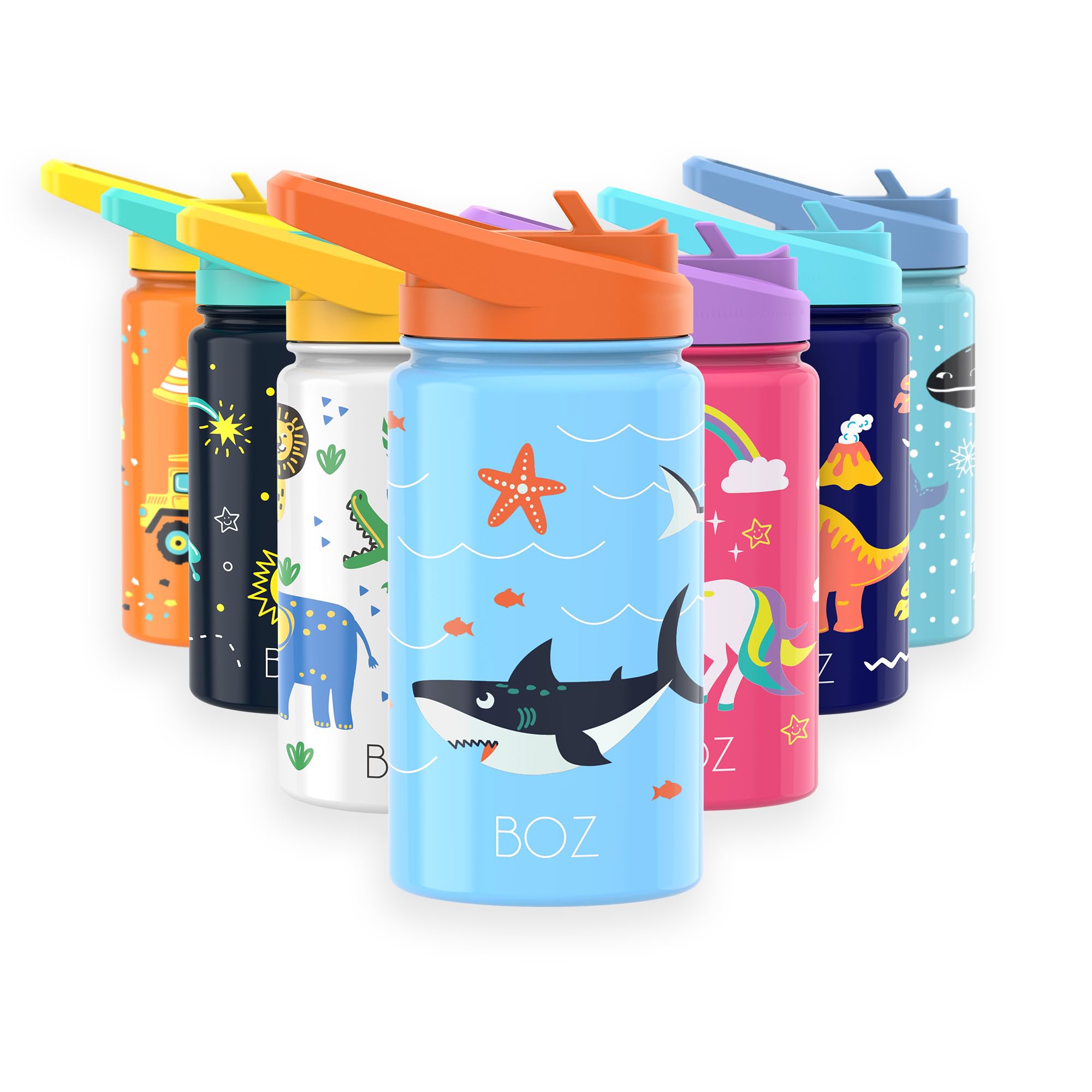 BOZ Stainless Steel Insulated Water Bottle for Kids & Toddlers - 14oz (414ml) Leak Proof with Straw Lid, Perfect for School, Travel & Outdoor Activities - Sharks Design