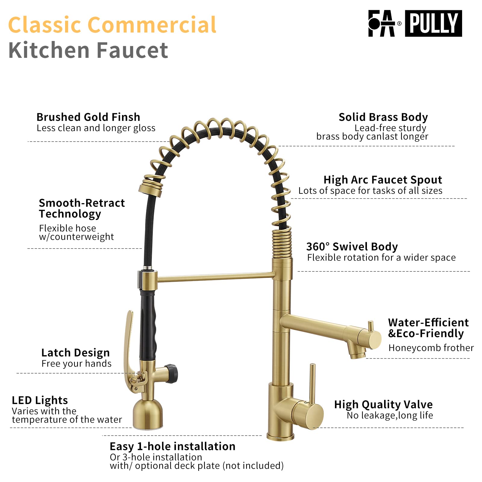 Fapully Single Handle High Arc Brushed Gold Pull Down Kitchen Faucet with LED, Modern Kitchen Sink Faucet with Pull Down Sprayer for Home and Commercial Use