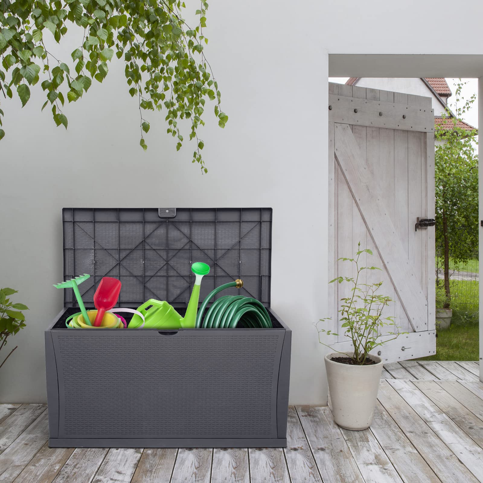 VINGLI Upgraded 120 Gallon Outdoor Storage Box with Lockable Lid - Waterproof Plastic Deck Box with Rattan Grain Surface for Patio, Garden, Pool, Balcony & Yard (Grey) | Perfect for Storing Cushions, Pool Toys & Seasonal Decorations