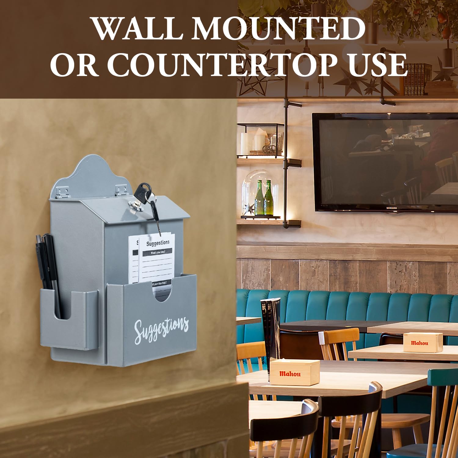 MyGift Metal Suggestion Box with Lock & Keys - Wall Mount or Tabletop Comment Box in Matte Gray - Includes Paper Sheet & Pen Holder - Perfect for Offices, Schools, and Public Spaces