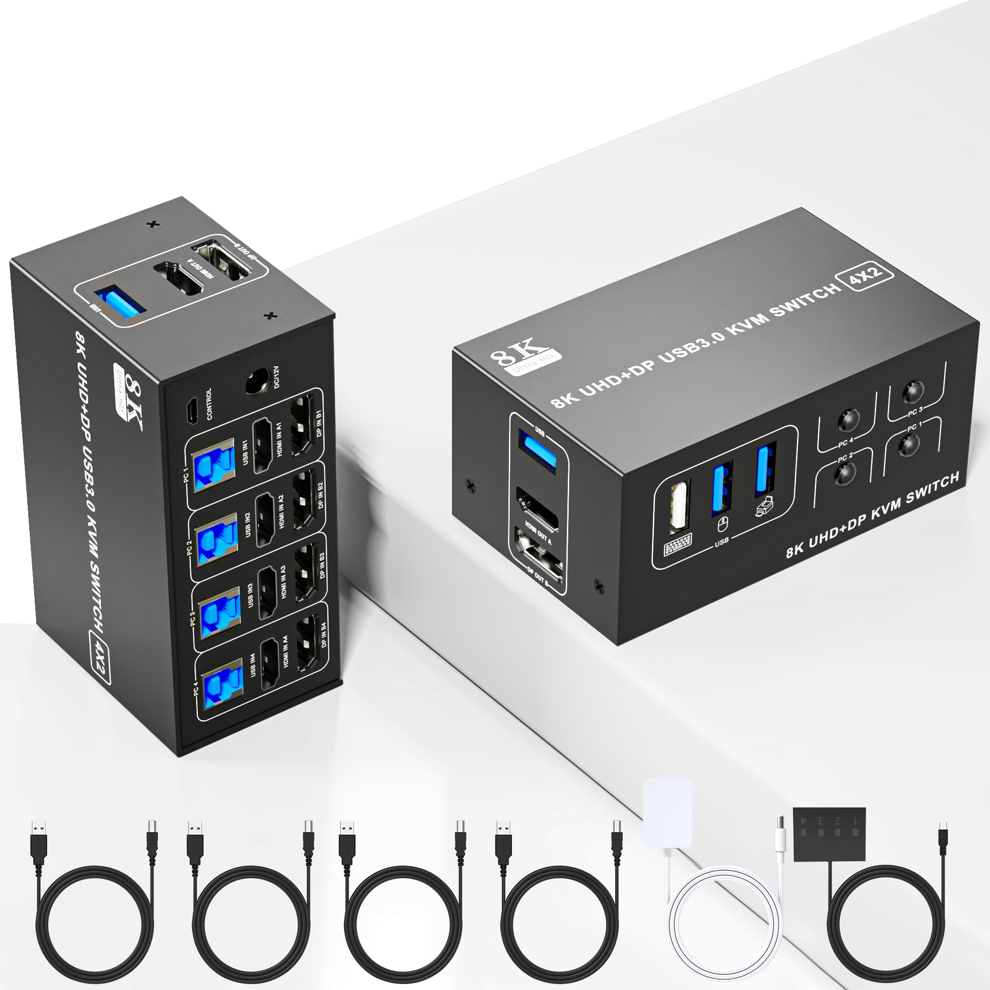 8K@60Hz 4-Port USB KVM Switch with Dual Monitor Support (DP1.4 + HDMI2.1) - Connect 4 Computers to 2 Monitors - 5Gbps High-Speed Data Transfer for Home Office & Gaming Setup