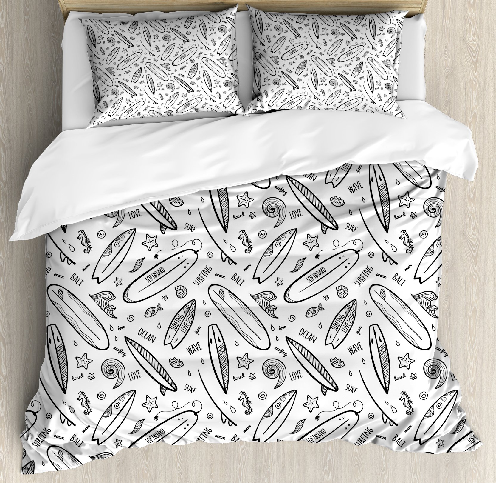 Ambesonne Surfboard Duvet Cover Set - Monochrome Coastal Beach Pattern 3-Piece Queen Bedding with 2 Pillow Shams | Water Sports & Sea Vacation Theme | Dark Grey & White Decorative Bedroom Set for Coastal, Nautical or Beach House Decor