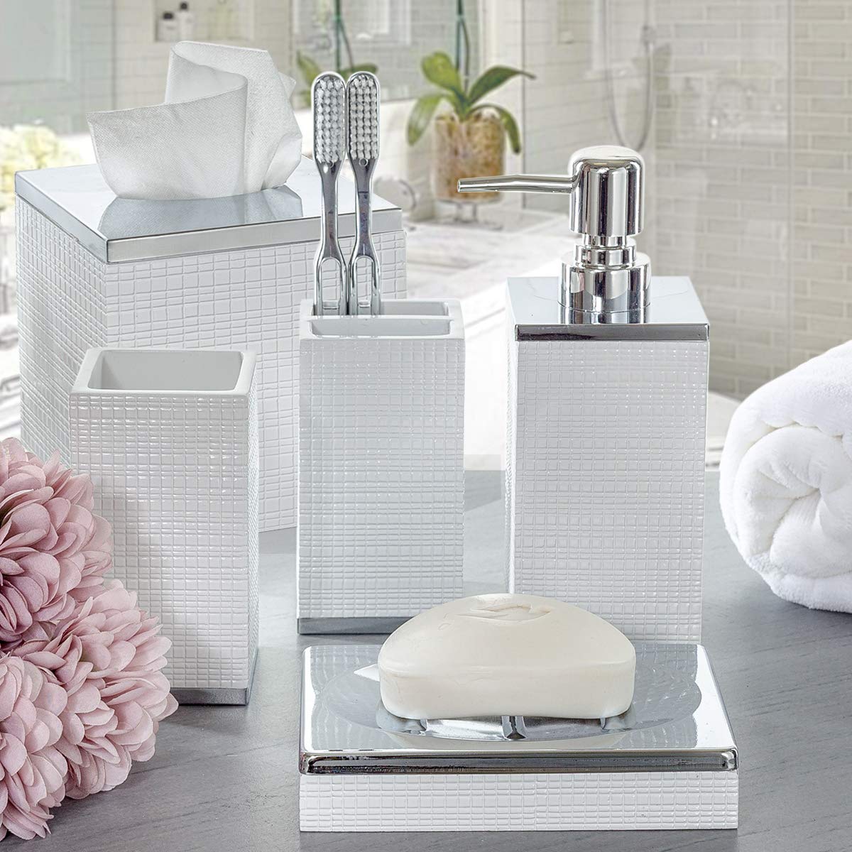 Elegant Estella White Square Tissue Box Cover - Decorative Bathroom Tissue Holder with Modern Design for Home & Office Decor | Perfect for Bathrooms, Living Rooms, and Guest Rooms